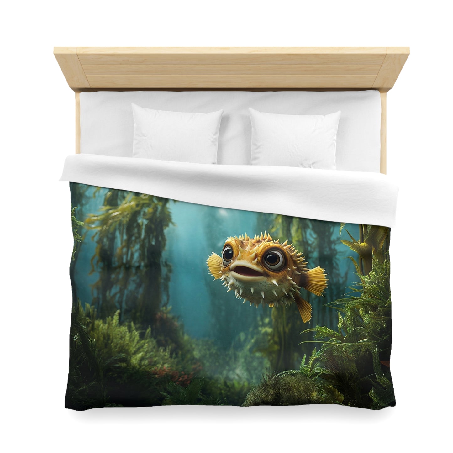 Curious Pufferfish Microfiber Duvet Cover – Sunlit Kelp Forest Dreamscape