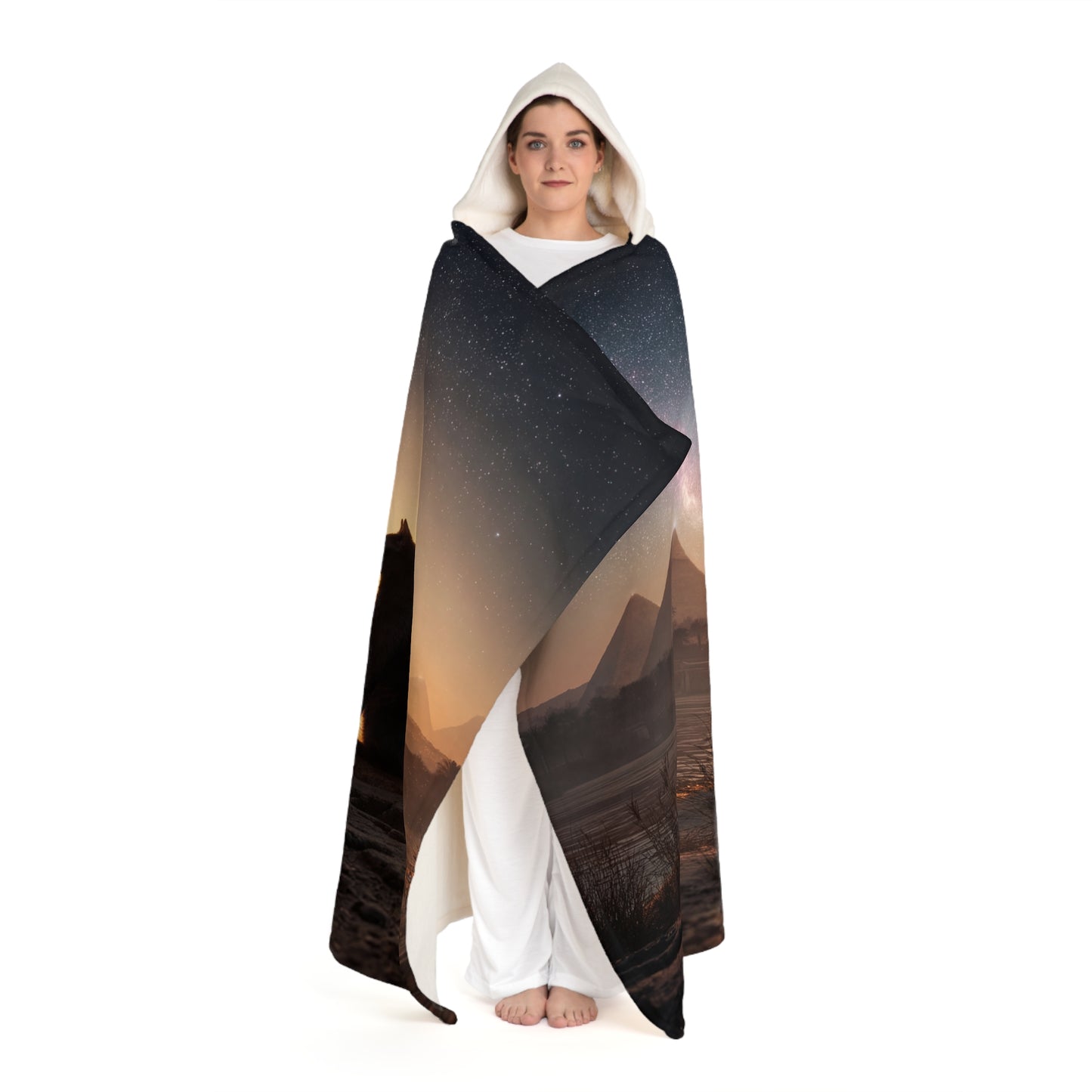 Twin Cats Stargazing at Pyramids Hooded Sherpa Fleece Blanket – Nile Sunset Dreamscape