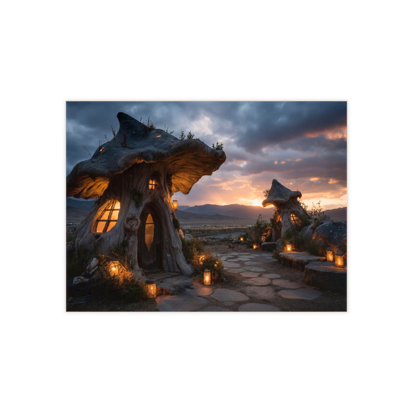 Mushroom Cottage Sunset Tile – Warm Light Over Mountain Hearth