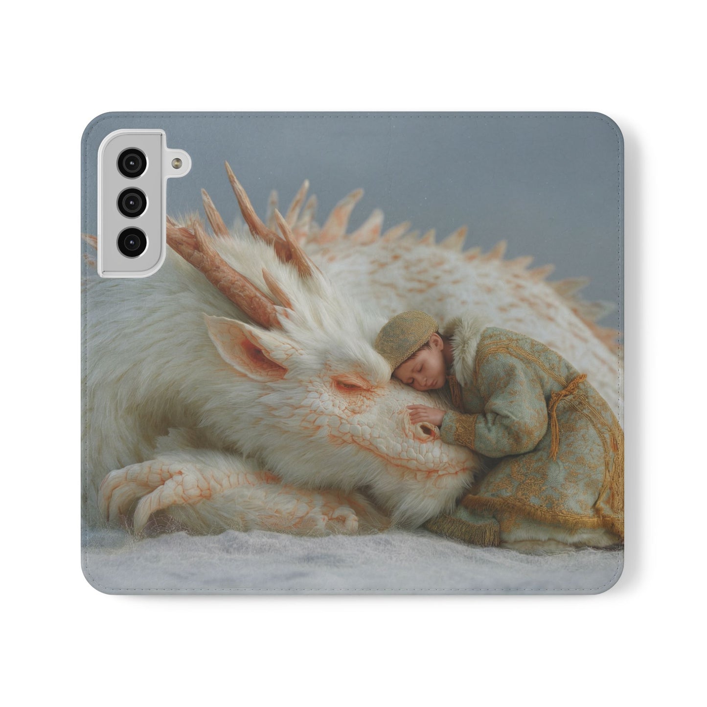 Sleeping Child and Dragon Flip Cases – Snowy Guardian Embrace