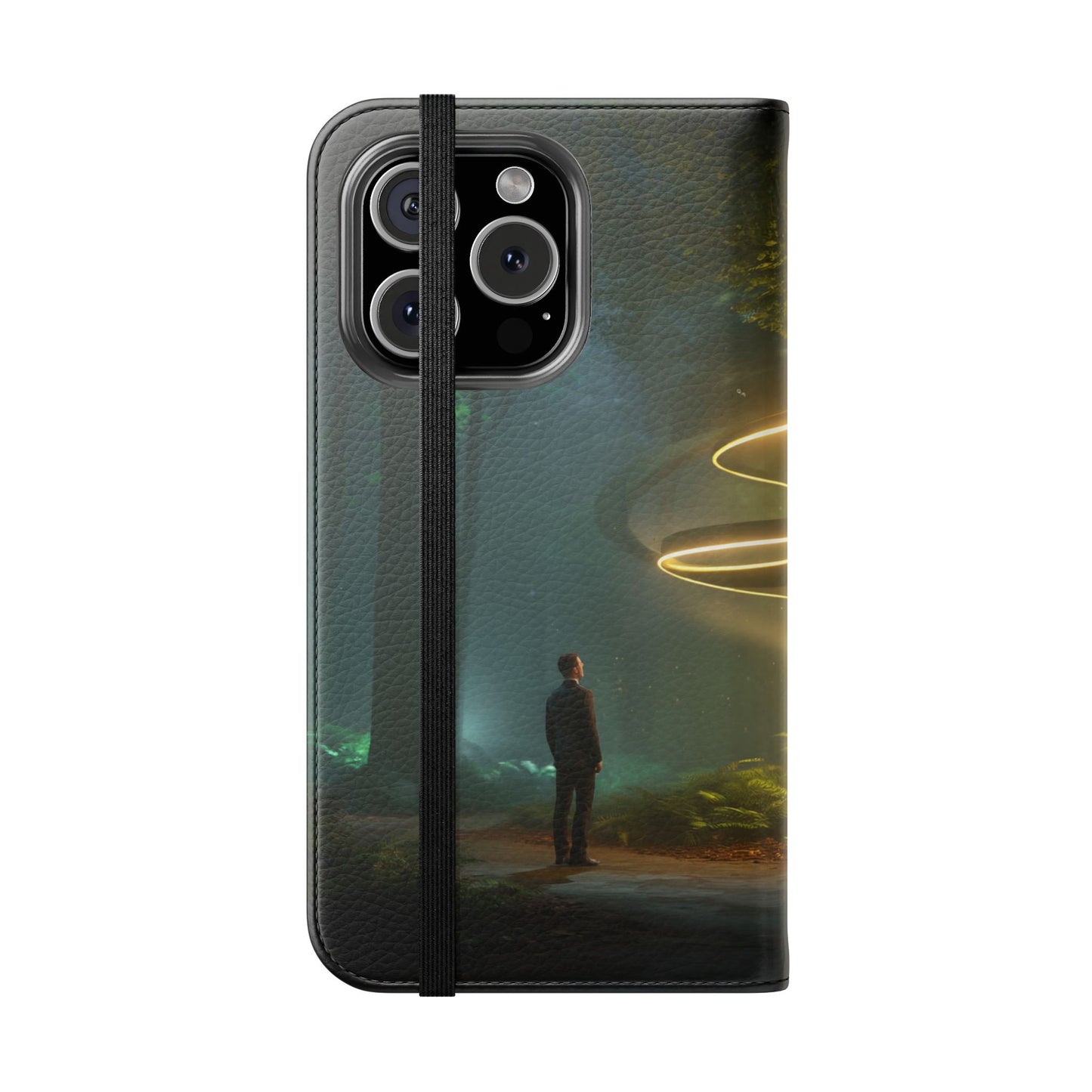 Luminous Spiral Forest Flip Cases – Golden Light Rings Mystery Scene