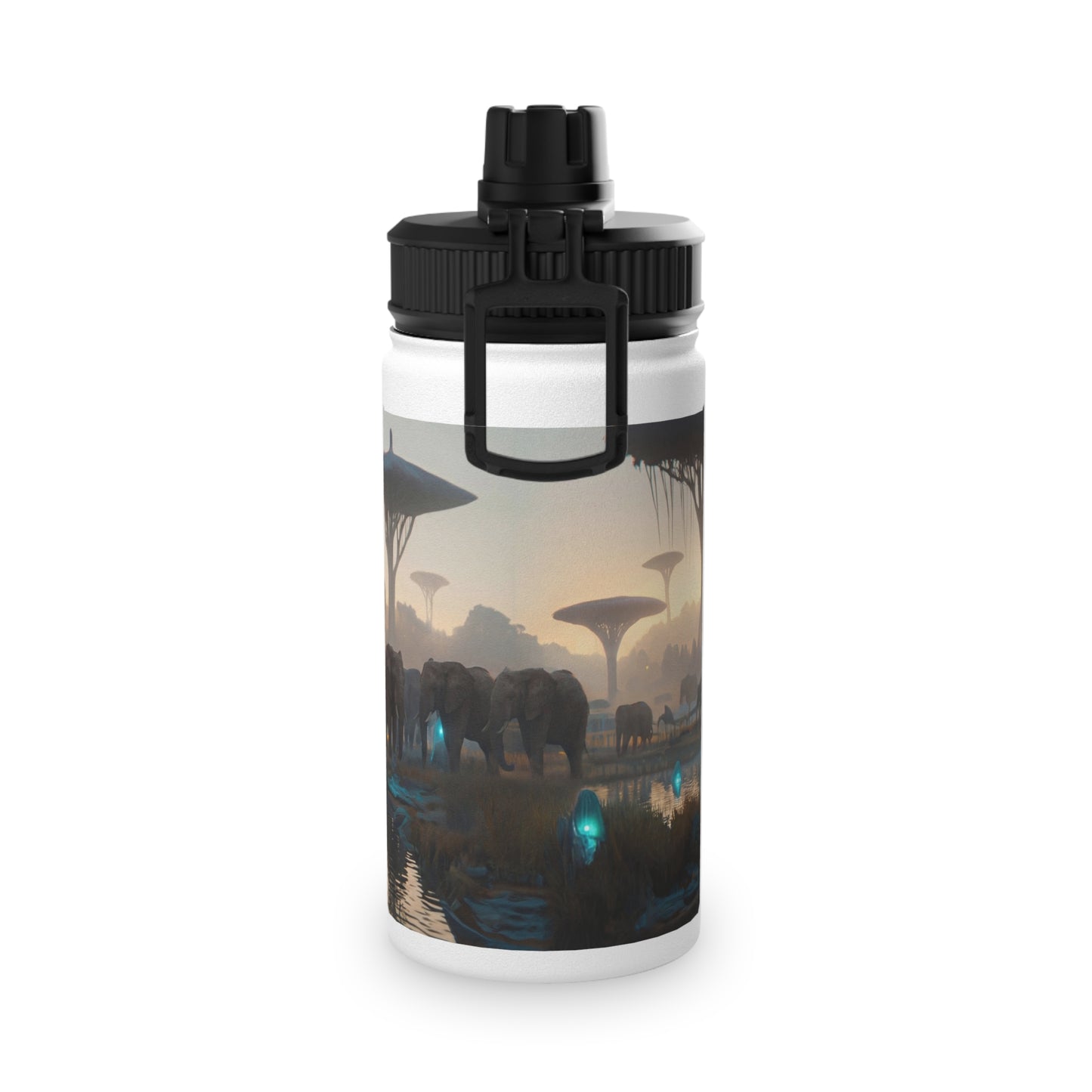 Elephants of the Bio-Luminescent Savanna Stainless Steel Water Bottle, Sports Lid – Twilight Oasis