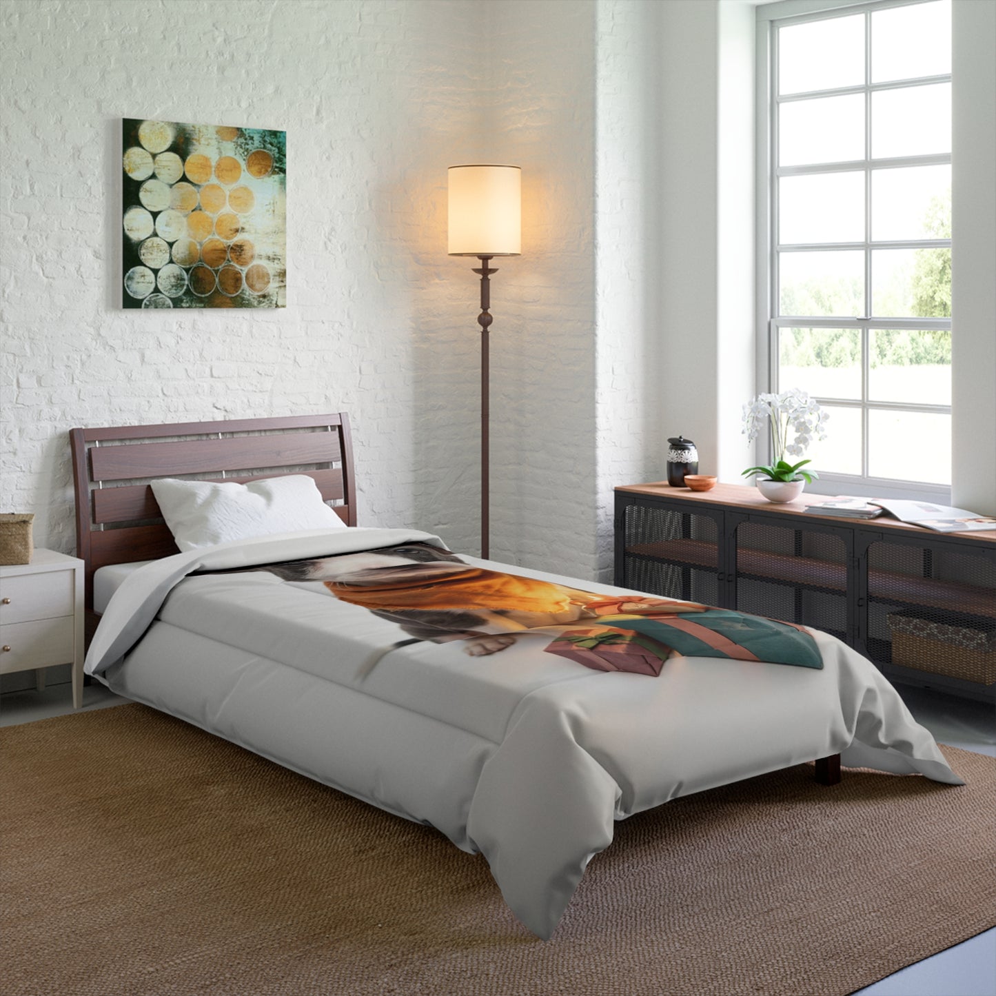 Gift-Wrapped Puppy Comforter – Warm Ember Whiskers & Crisp Paper Dreams