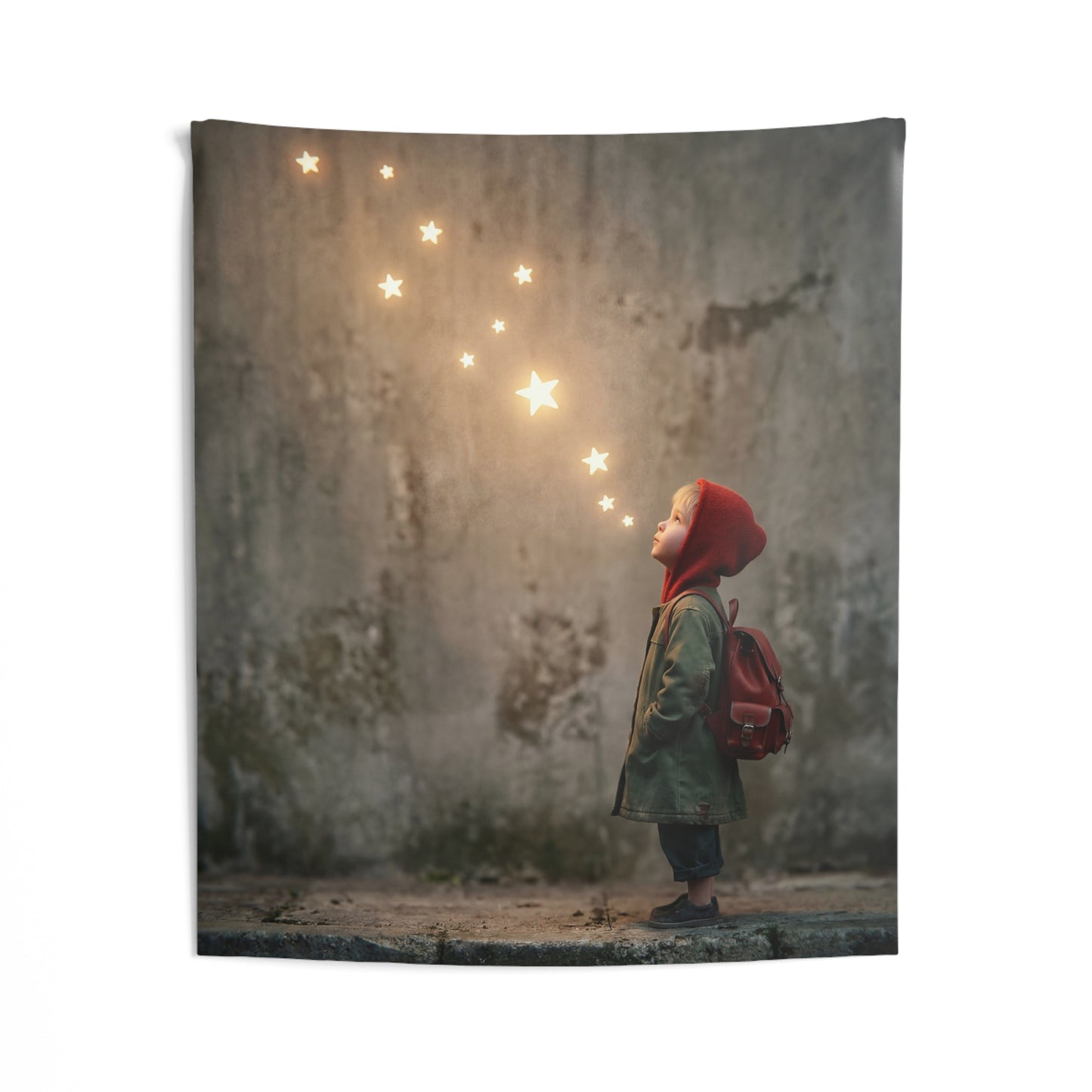 Starbound Child Indoor Wall Tapestries – Warm Glow Against Weathered Stone