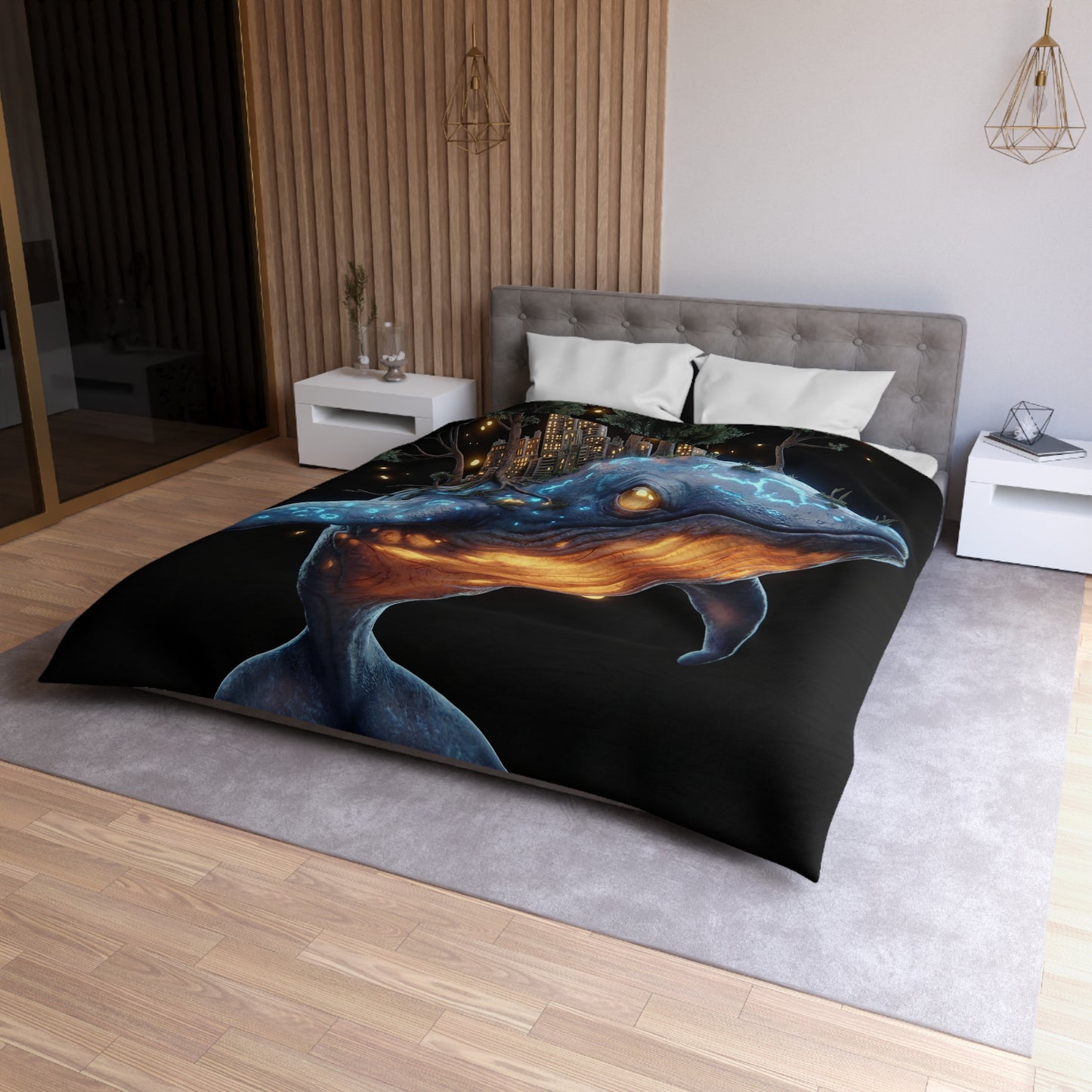Bioluminescent Whale Sanctuary Duvet Cover – Floating City on a Gentle Giant