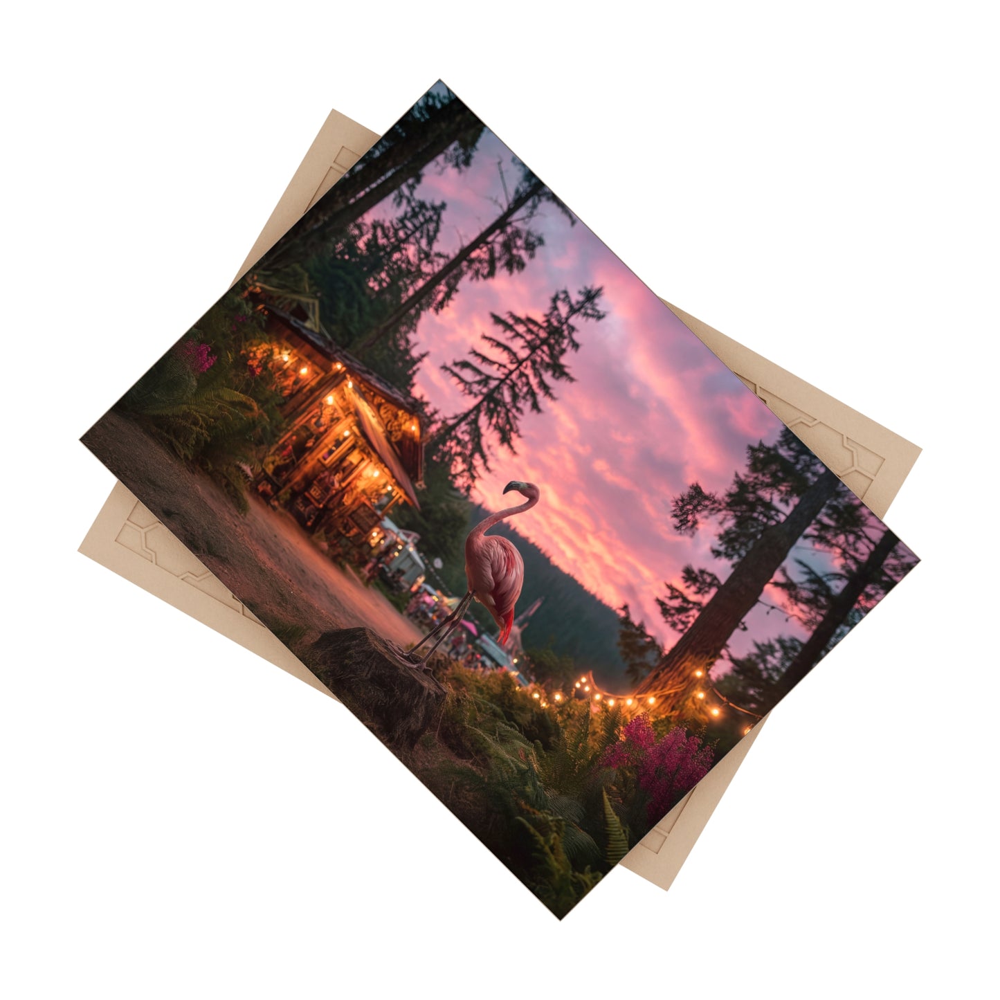 Pink Flamingo Forest Twilight Ceramic Photo Tile – Whimsical Sunset Sentinel