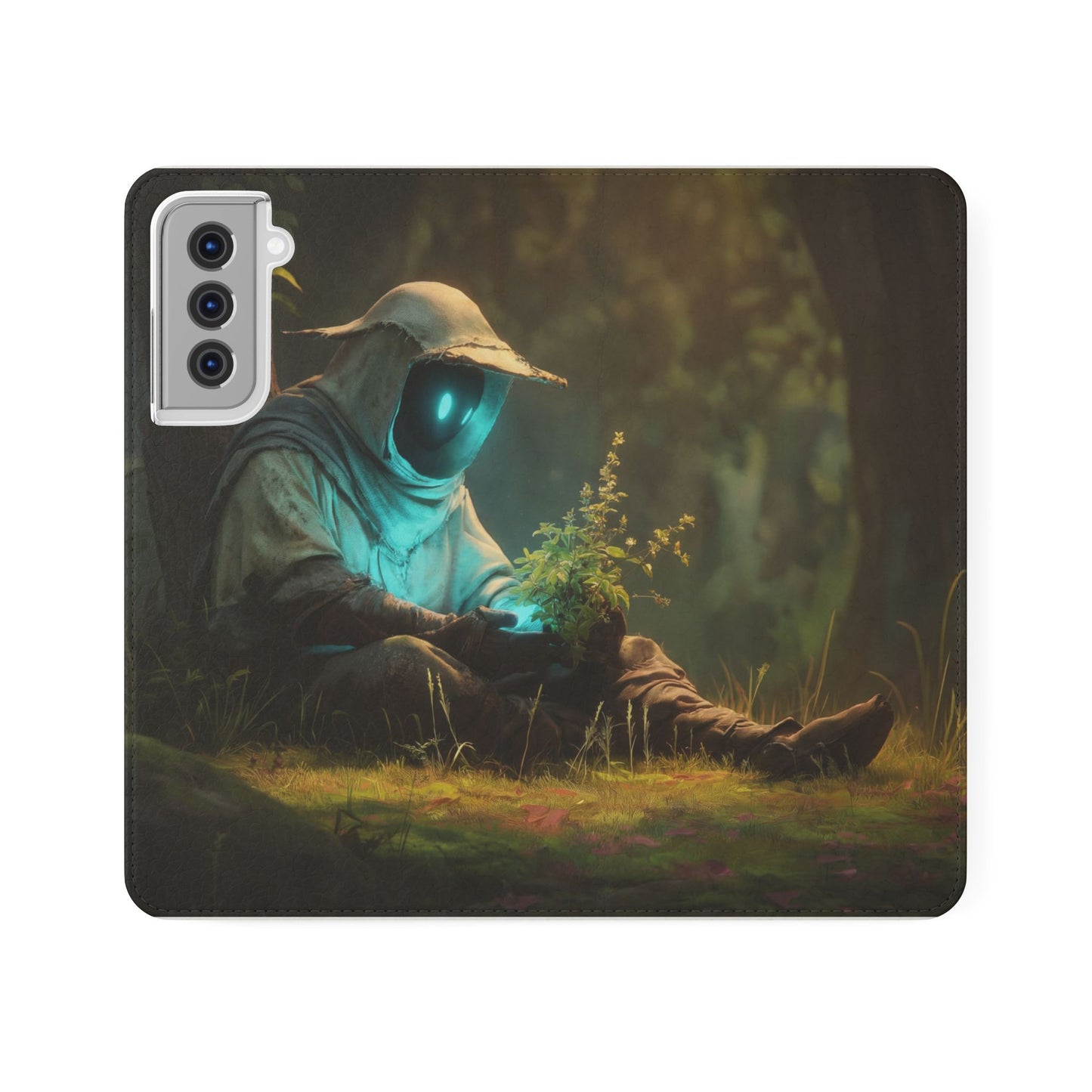 Glowing Orb Hooded Guardian Flip Cases – Bioluminescent Forest Keeper