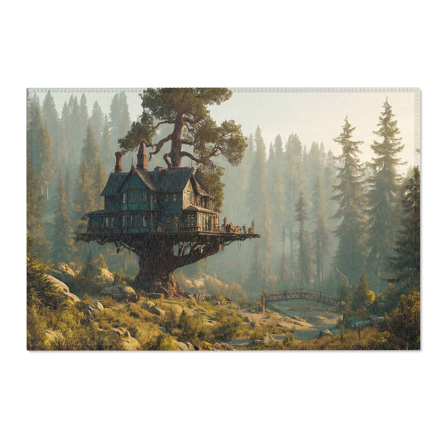 Treehouse Haven Area Rugs – Emerald Cabin Perched in Misty Pines