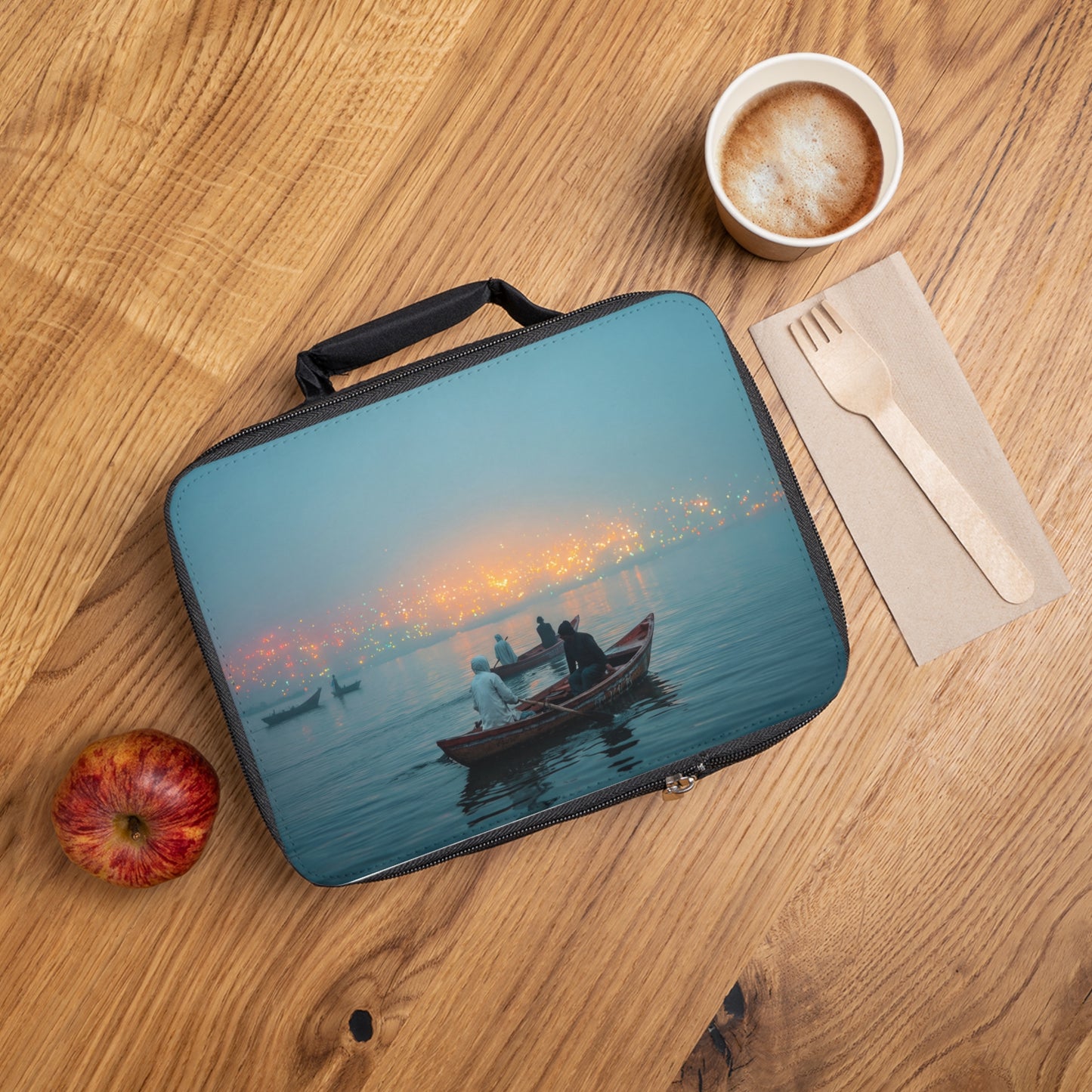 Misty Lake Boat Ride Lunch Bag – Golden Lights Through the Fog