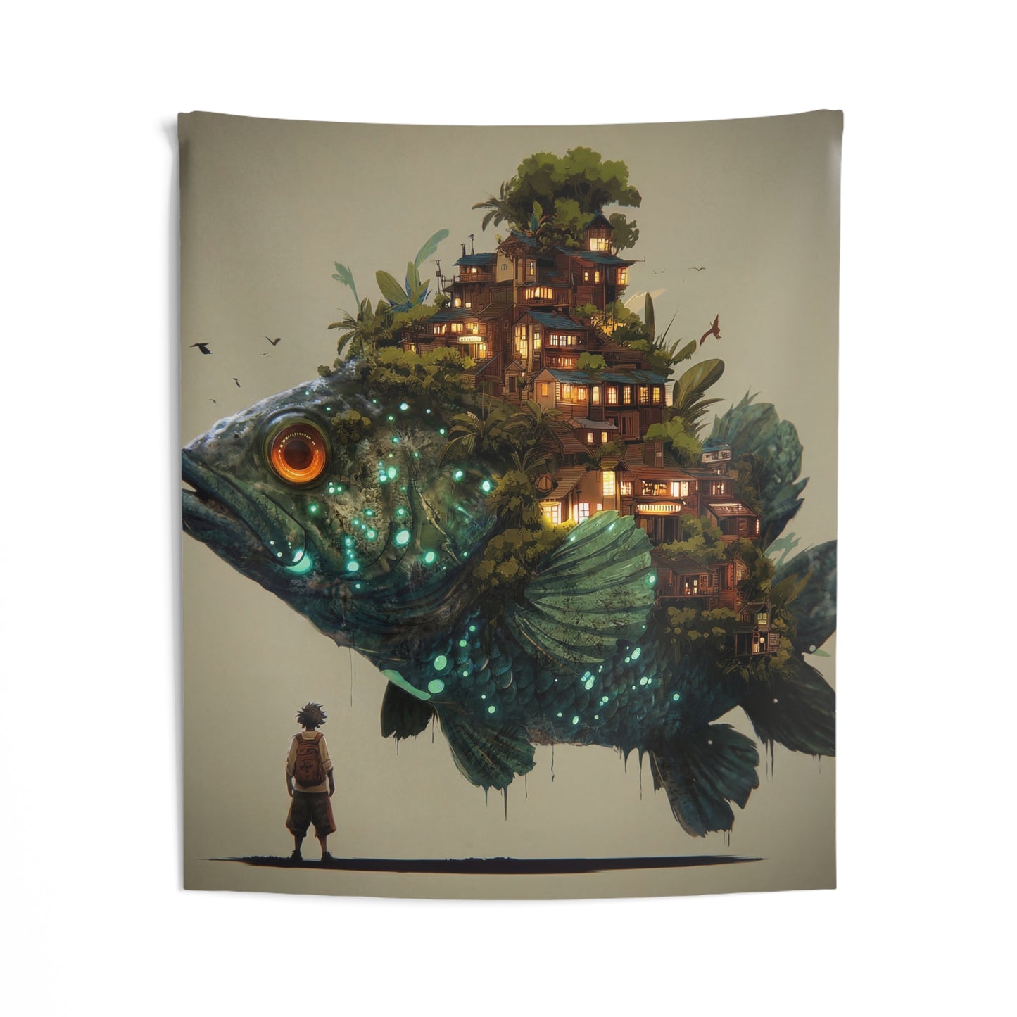 Giant Bioluminescent Fish with Floating Village Indoor Wall Tapestries – A Whispering Ocean Home
