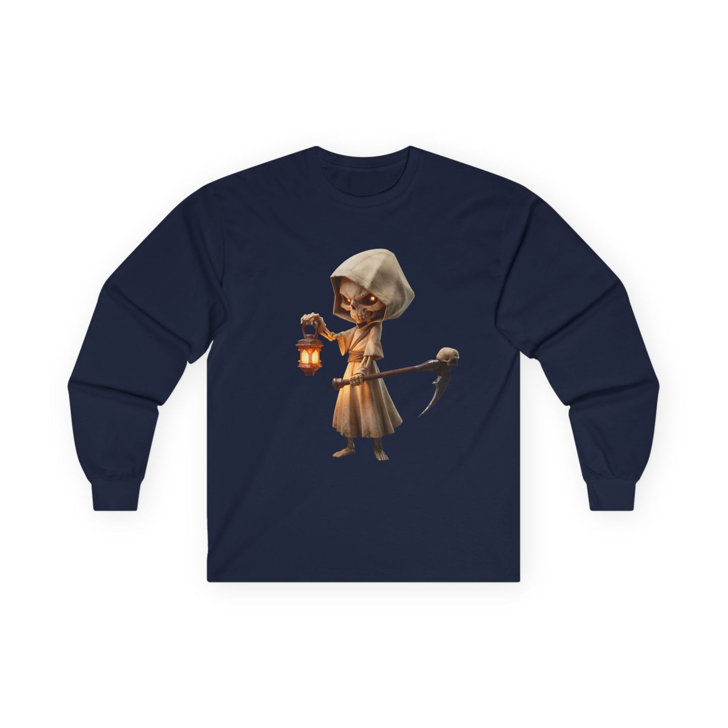 Lantern-Bearing Grim Reaper Tee – Hooded Skeleton Guardian Print