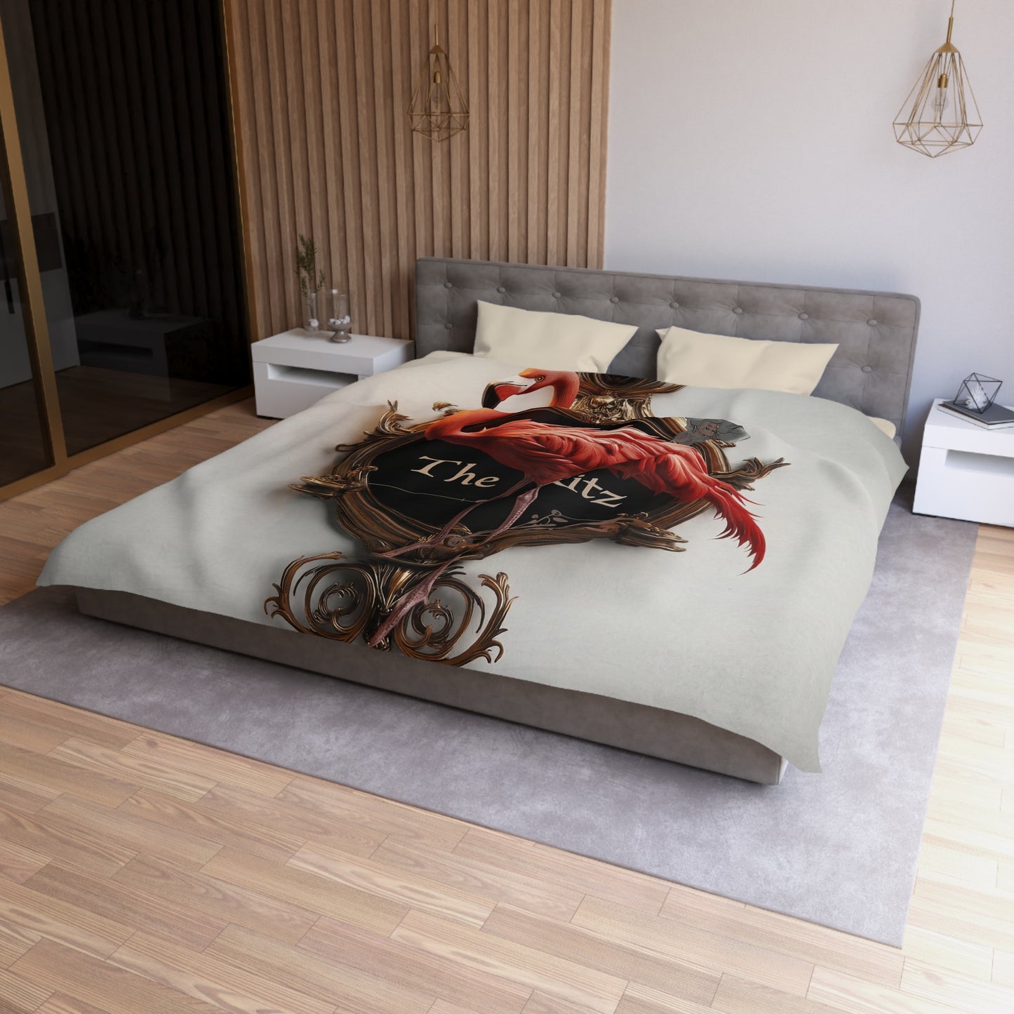 Flamingo Crest Duvet Cover – Gilded Elegance of The Ritz