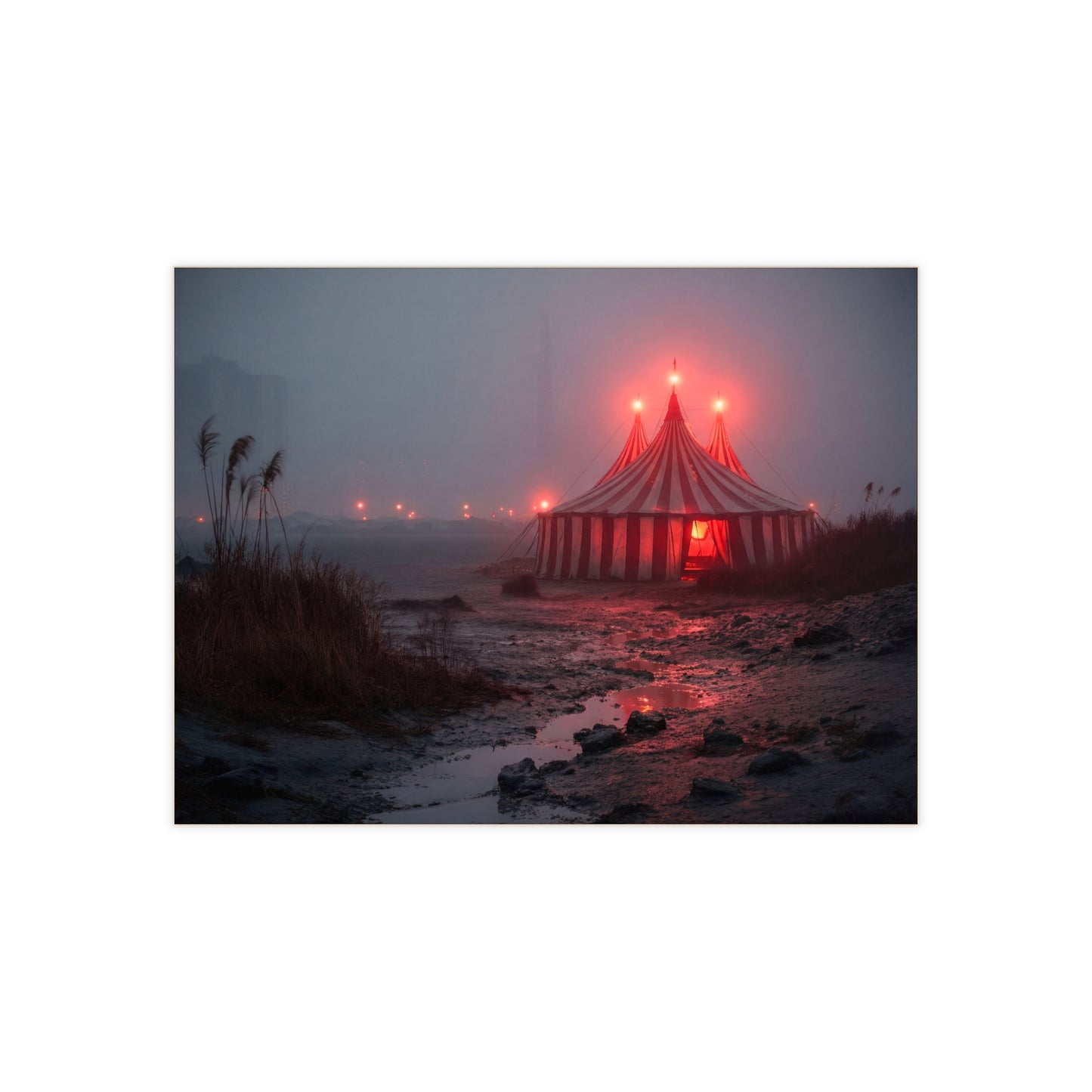Midnight Circus Tent Ceramic Photo Tile – Glowing Red Canvas in Foggy Twilight