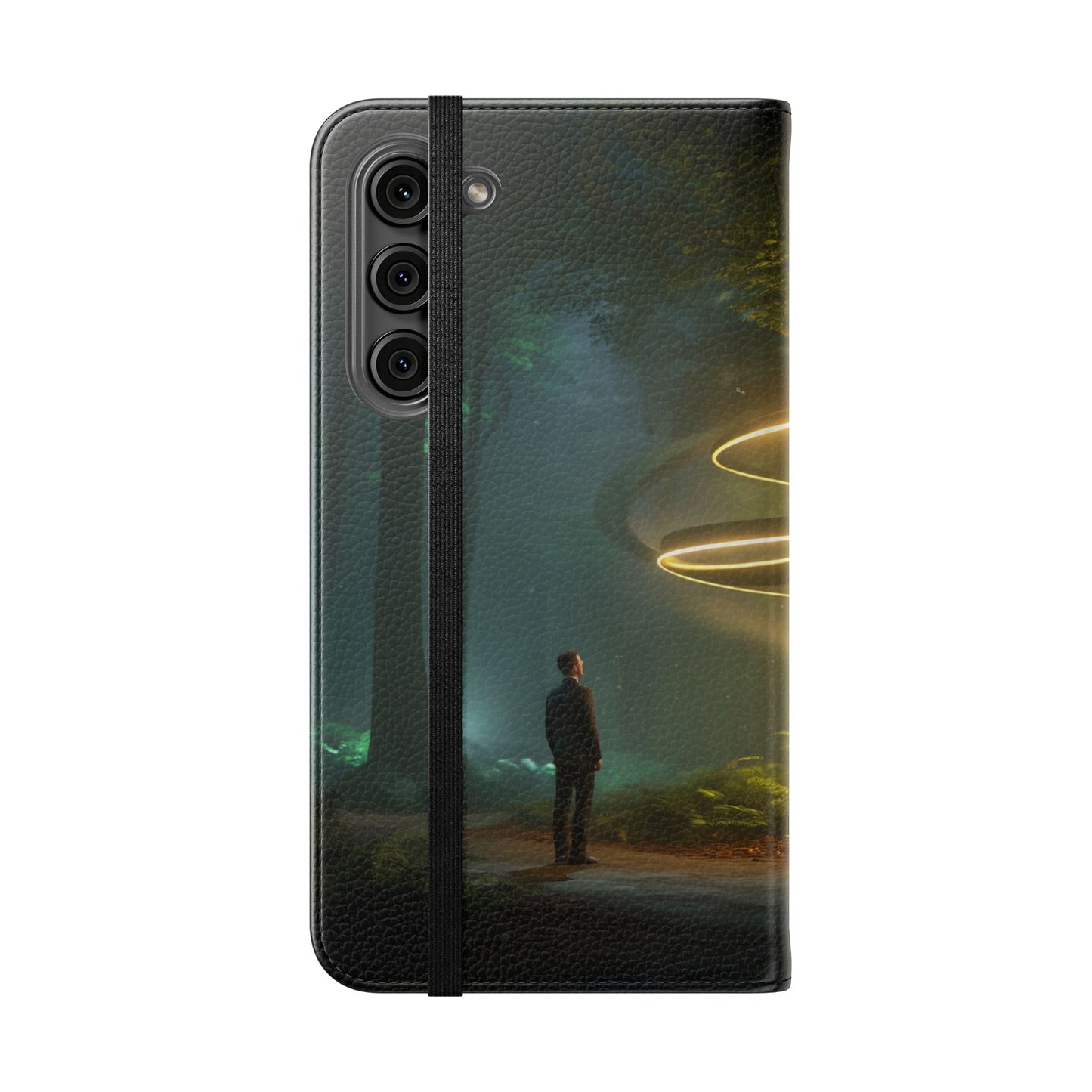 Luminous Spiral Forest Flip Cases – Golden Light Rings Mystery Scene