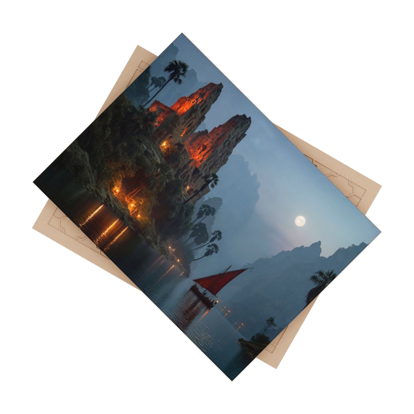 Moonlit Temple Ruins Ceramic Photo Tile – Crimson Glow Through Misty Canyons