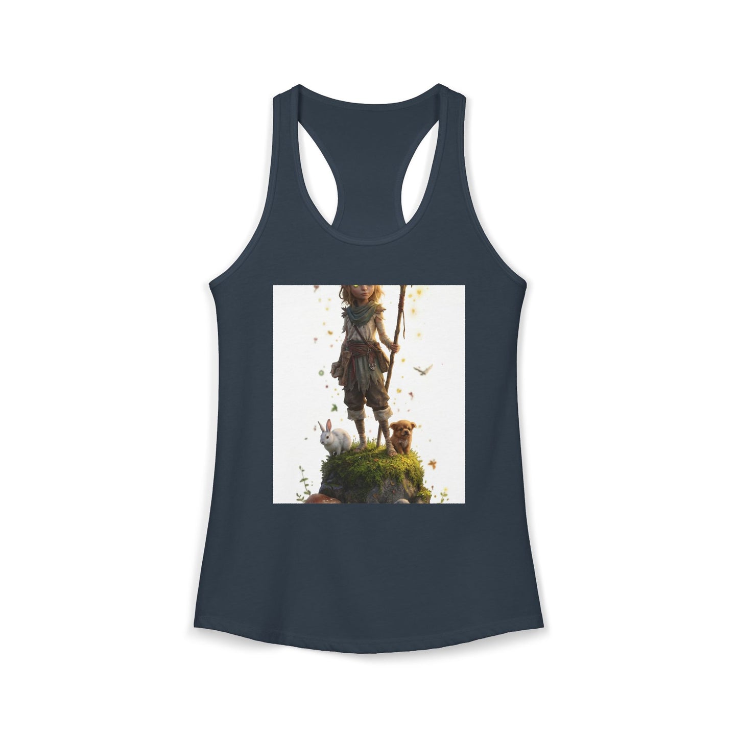 Forest Guardian Racerback Tank – Mossy Rock Sentinel with Rabbit Companions