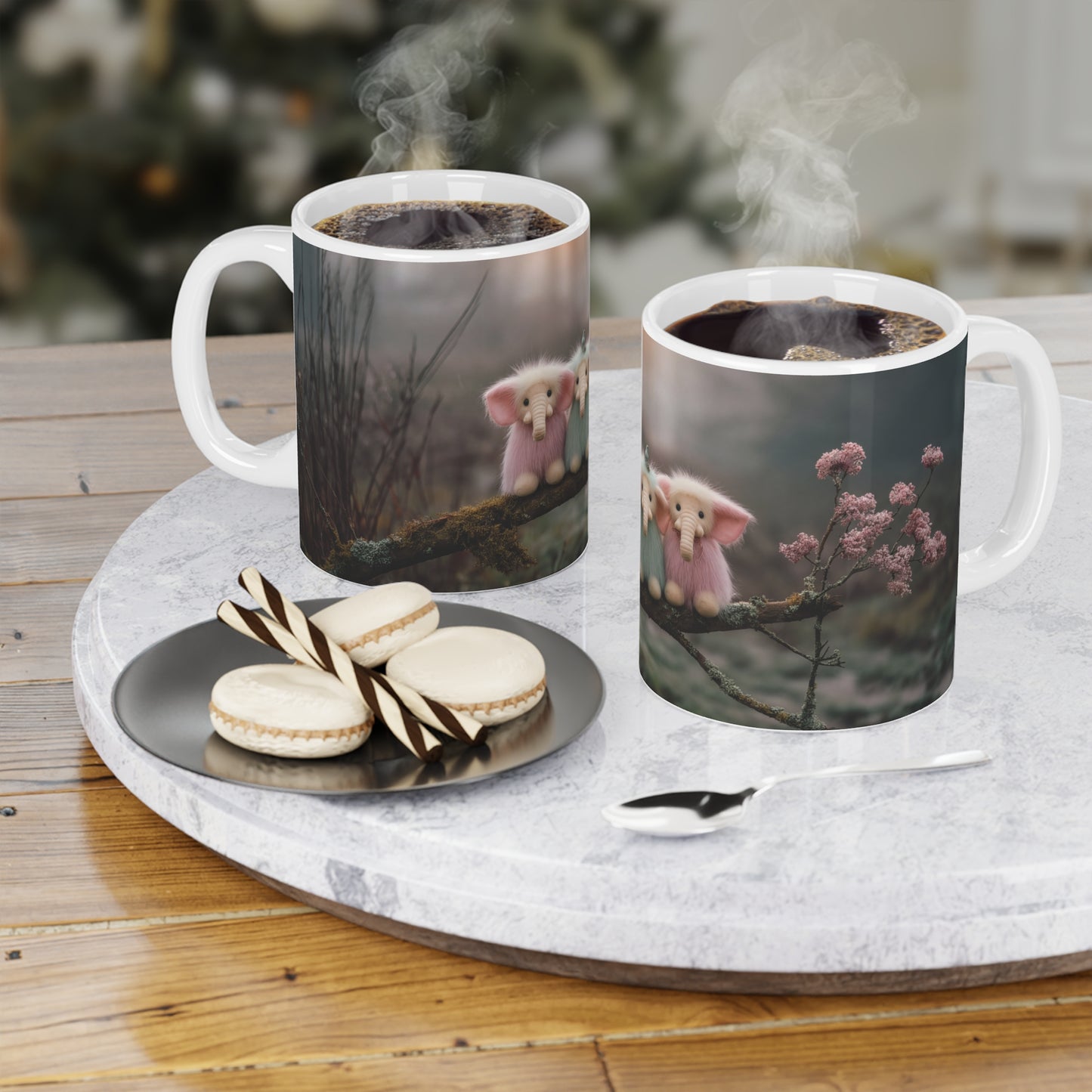 Three Furred Elephants Ceramic Mugs (11oz\15oz\20oz) – Dawn’s Whisper on Mossy Branch