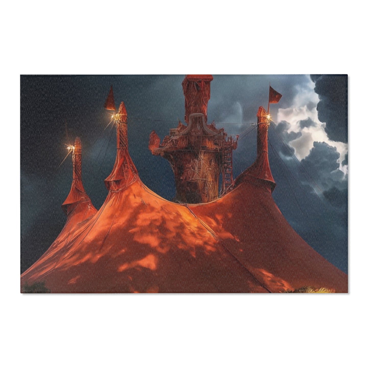 Crimson Carnival Tent Rug – City Skyline Under Thunderous Canopy