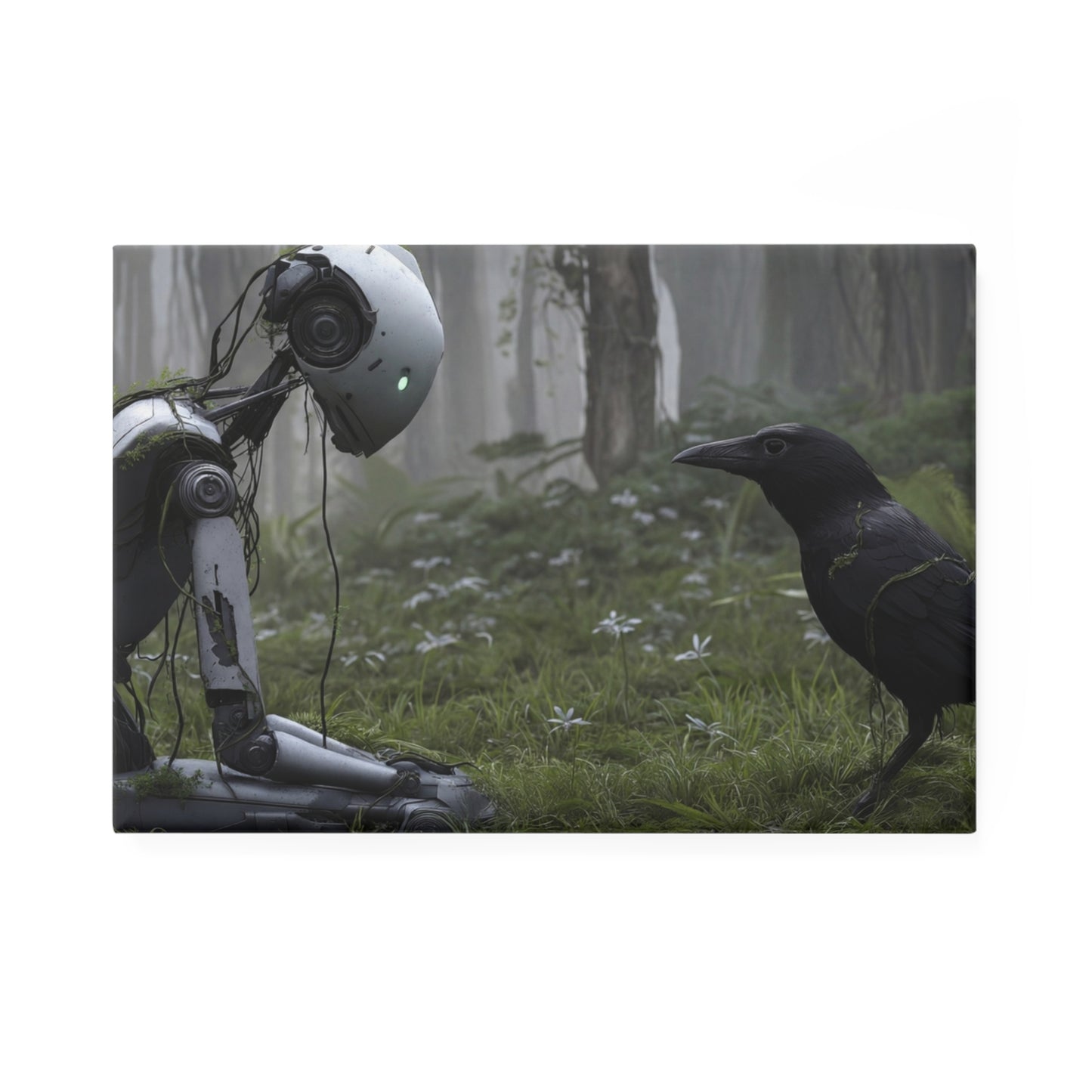 Forgotten Robot and Raven Button Magnet, Rectangle (1 & 10 pcs) – Whispers of the Overgrown Woods