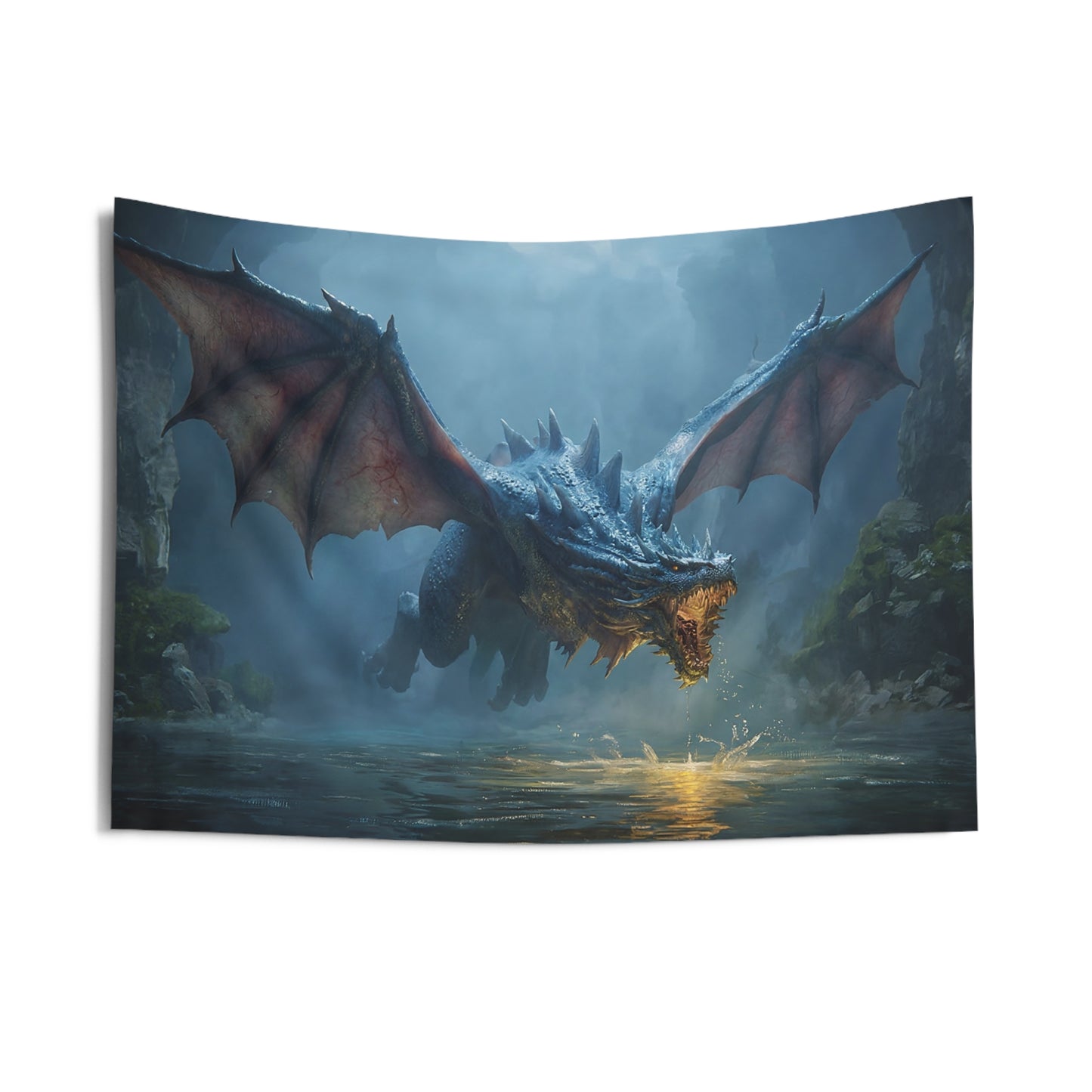 Azure Dragon Soaring Over Misty River Indoor Wall Tapestries – Ancient Waterscape Guardian