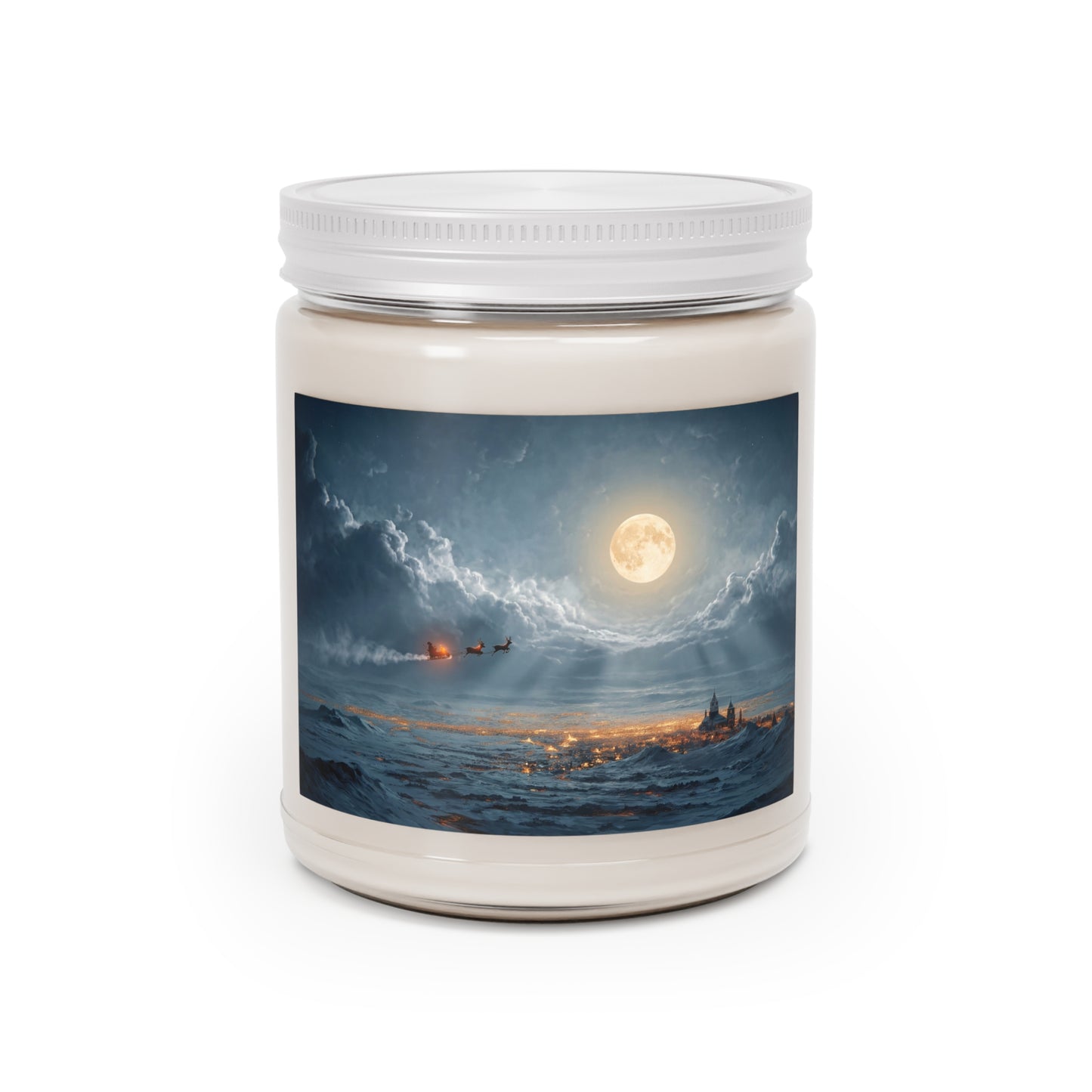 Midnight Santa Flight Scented Soy Candles with White Lid, 9oz – Glowing Over Winter’s Hush