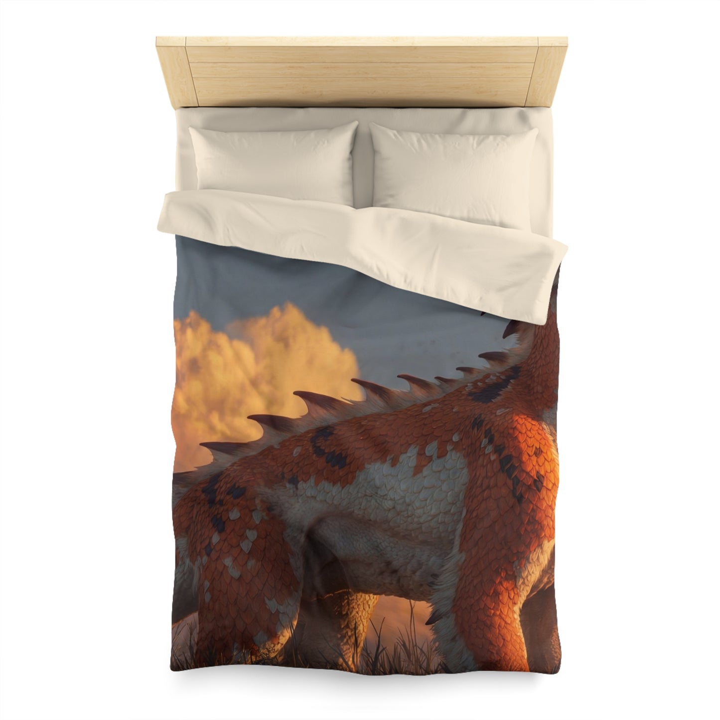 Sunset Sentinel Dragon Microfiber Duvet Cover – Warm Amber Glow in Wild Grass