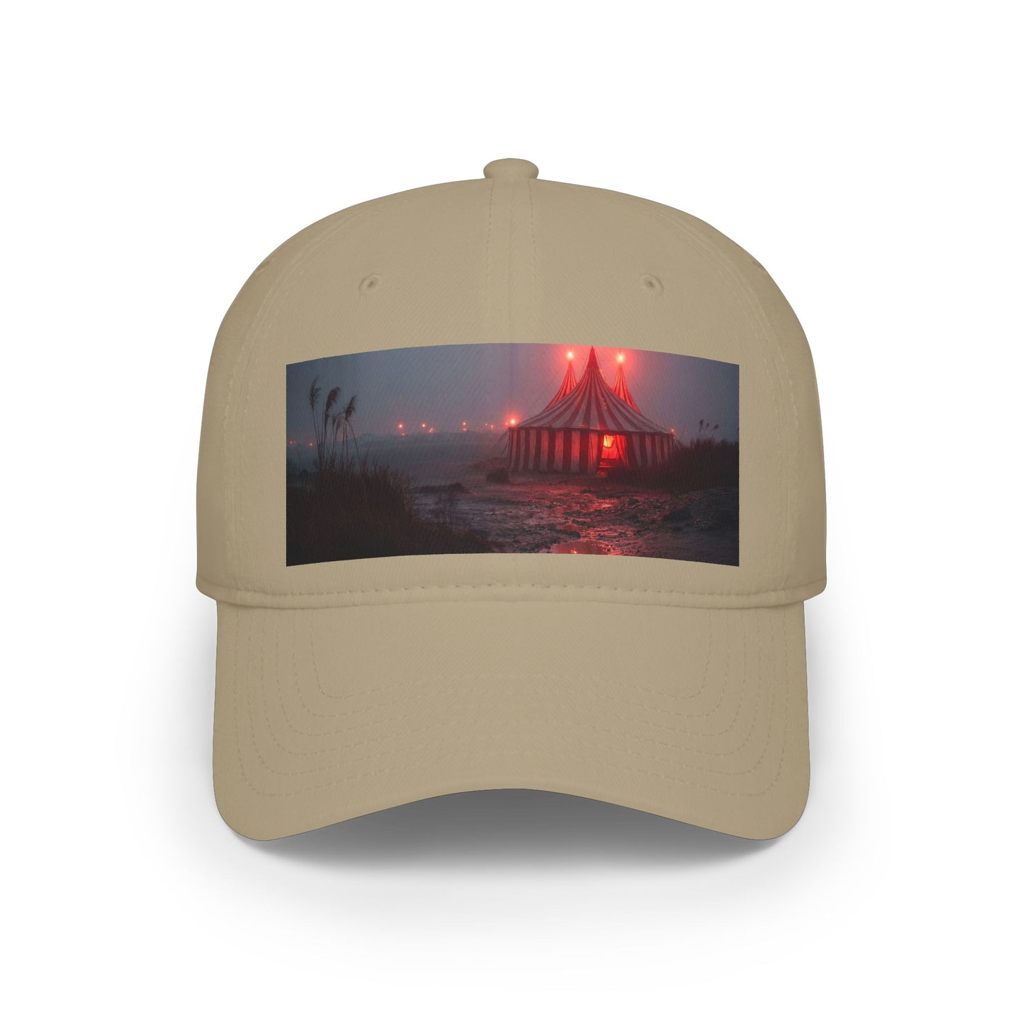 Crimson Carnival Tent Cap – Foggy Shoreline Circus Scene Low Profile Baseball Cap
