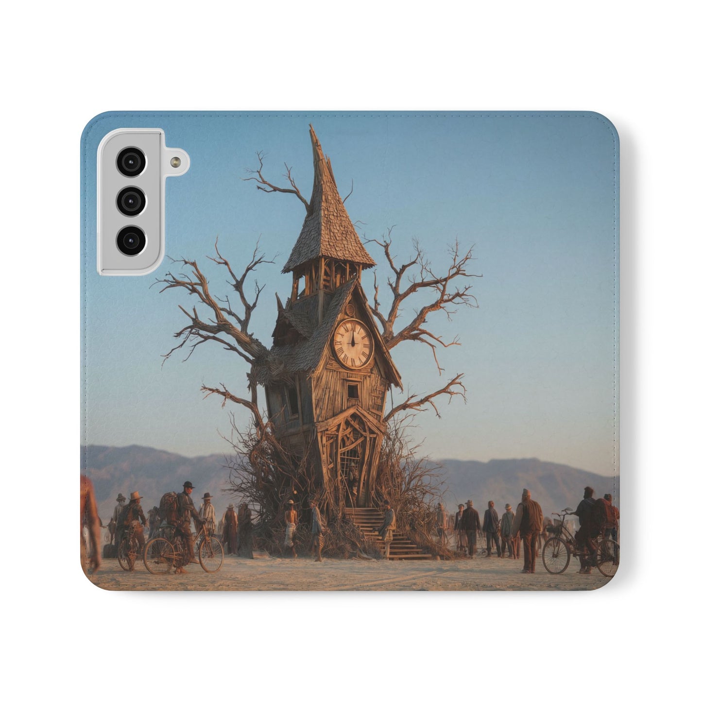 Clocktower Wanderers Flip Cases – Dusty Desert Sentinel Scene