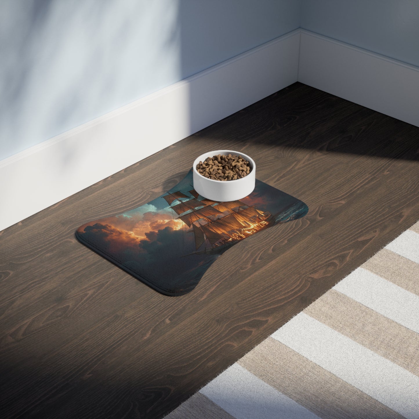 Storm-Beaten Galleon Pet Feeding Mats – Golden Sails on Tempestuous Seascape