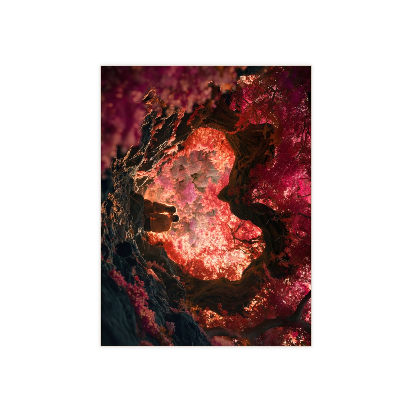 Crimson Canopy Love Scene Ceramic Photo Tile – Whispering Trees at Dusk