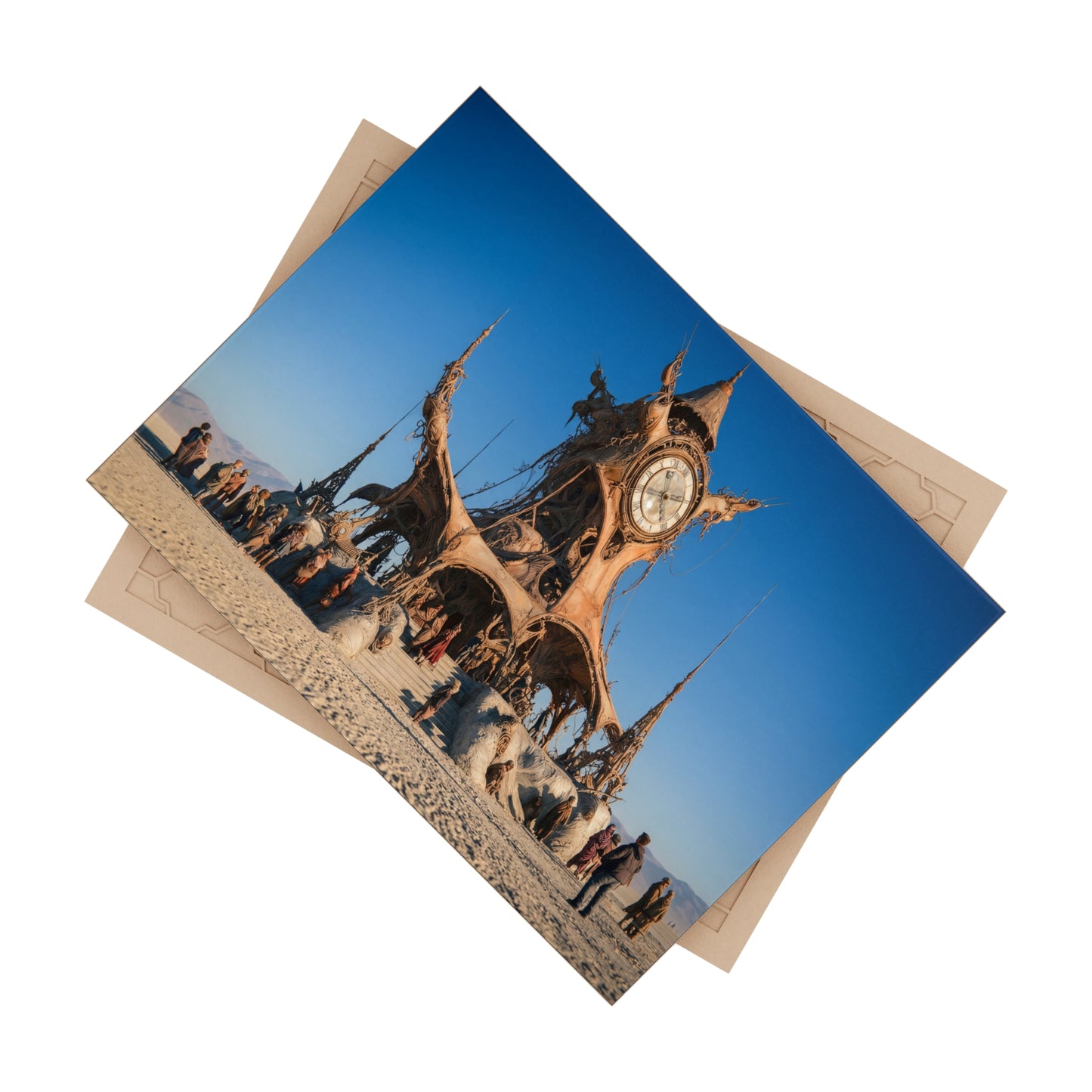 Desert Clocktower Ceramic Photo Tile – Whimsical Timekeeper in Sun-Drenched Wasteland
