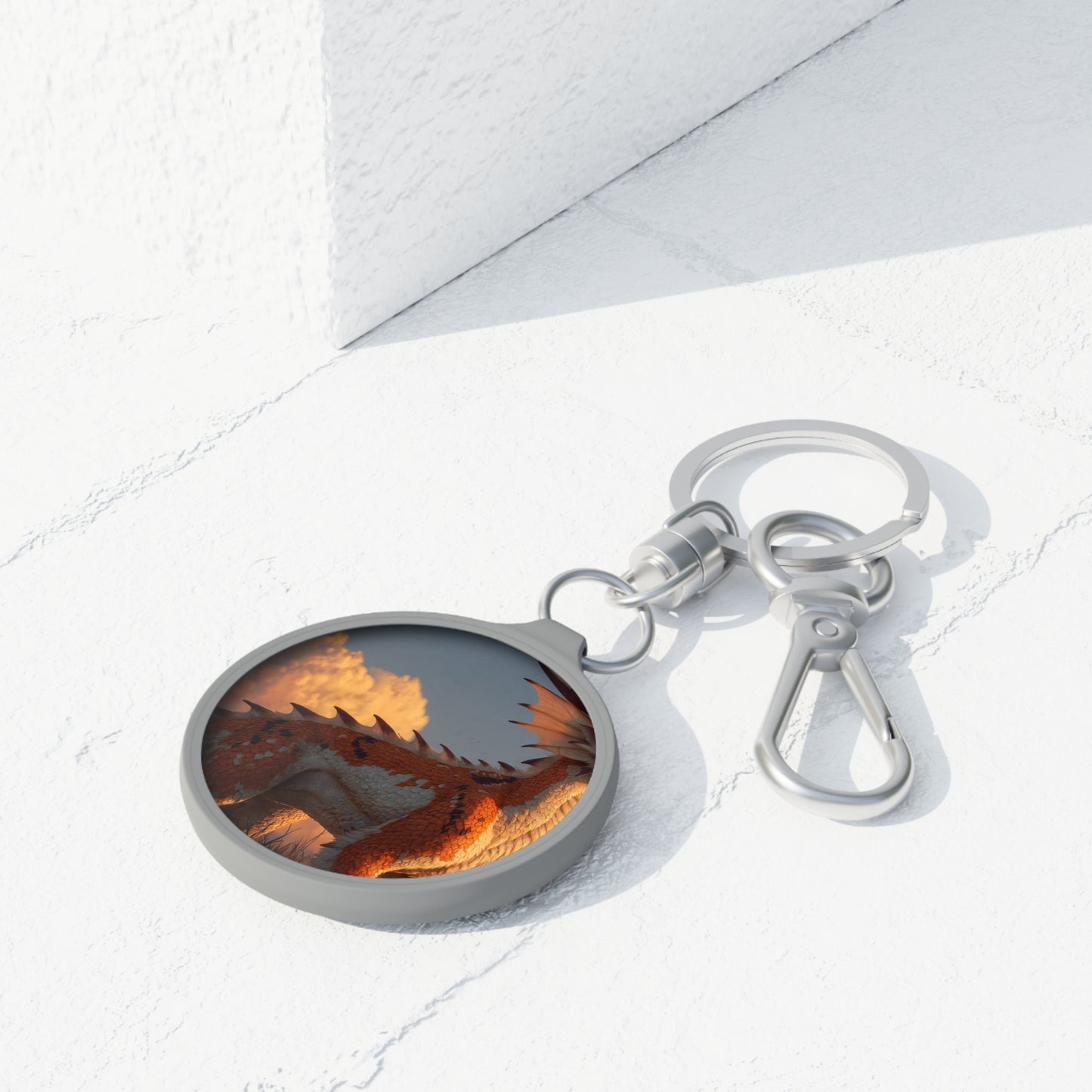 Sunset Guardian Dragon Keyring Tag – Warm Glow Over Wild Grasses
