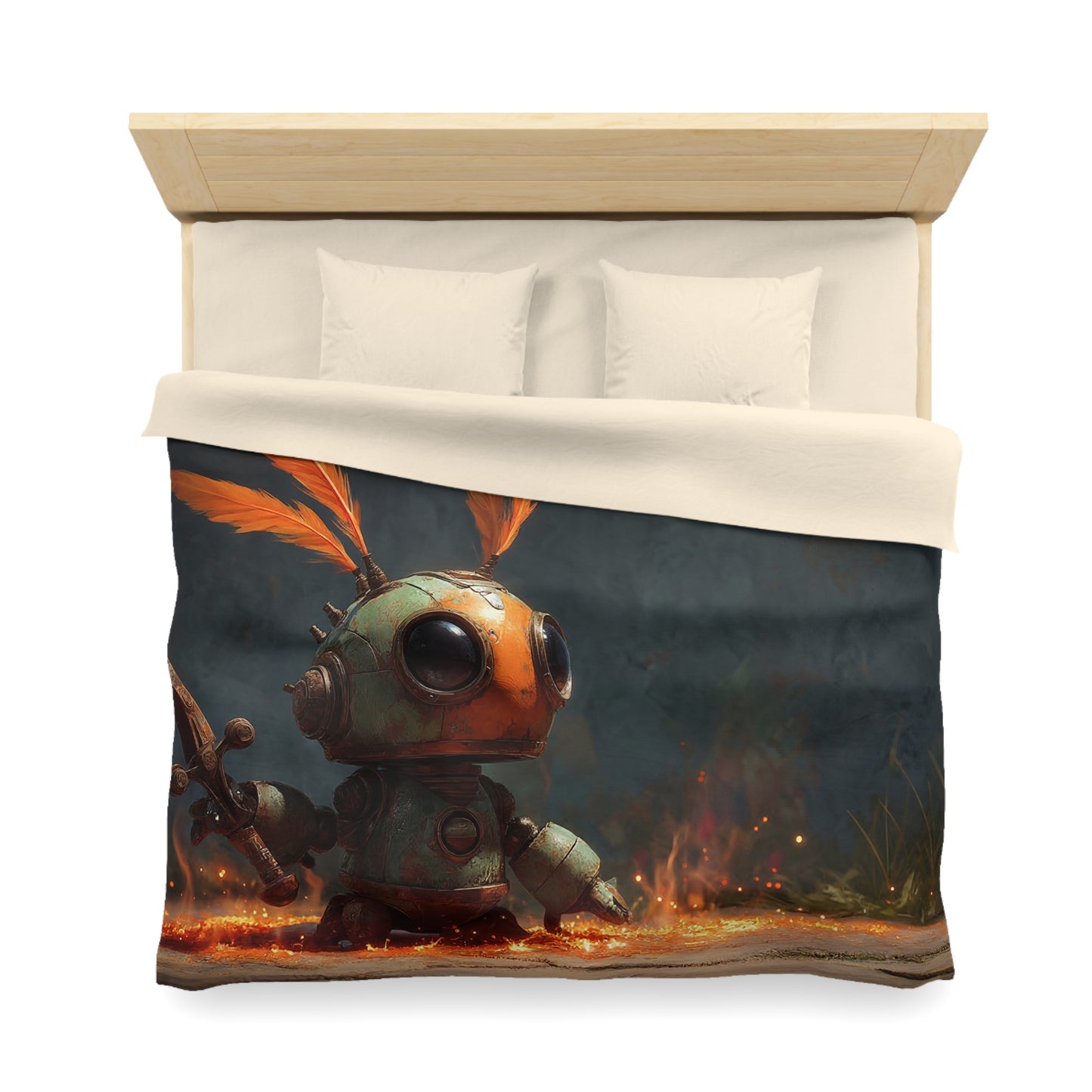Feathery Knight Microfiber Duvet Cover – Rustic Mechanical Guardian in Ember Light