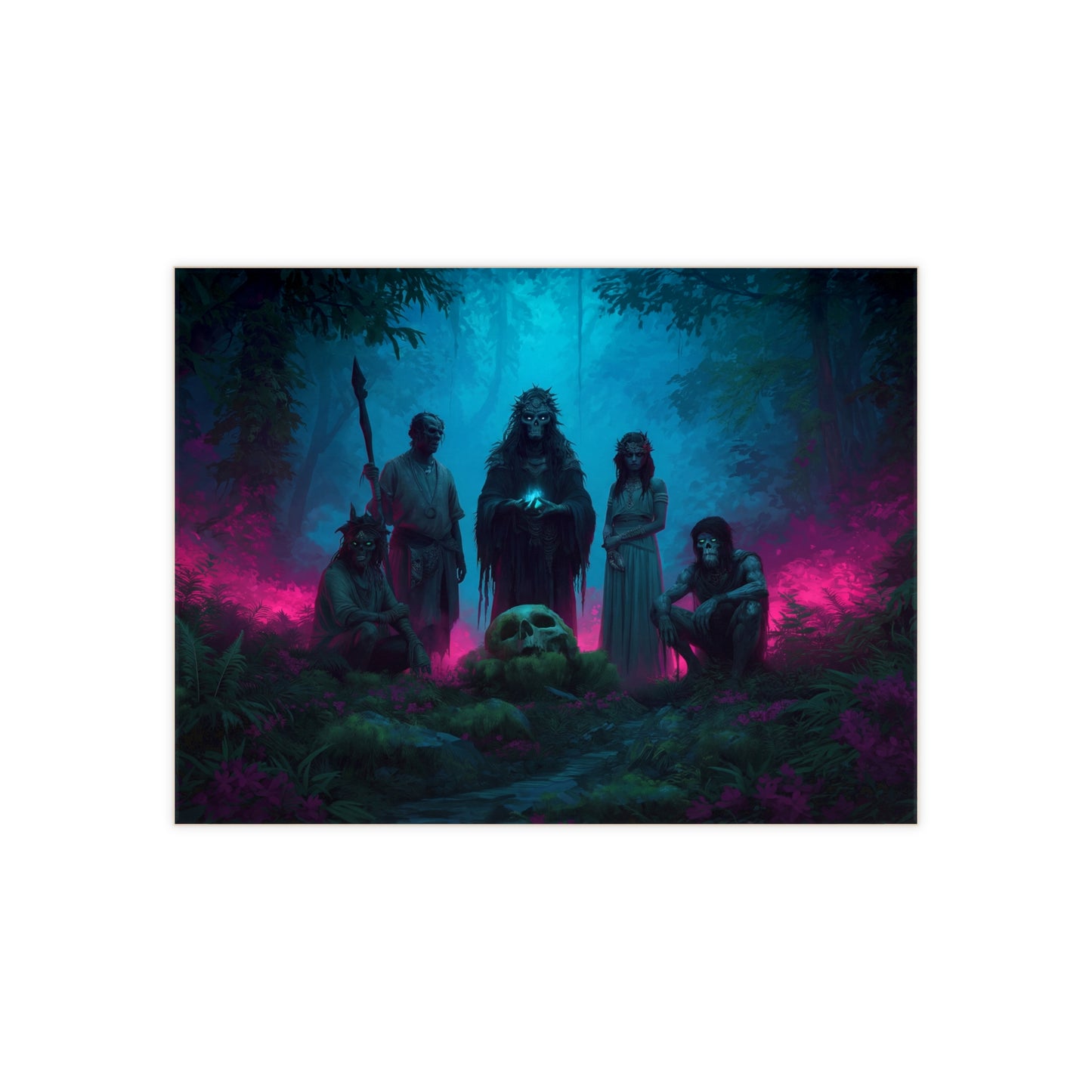 Bone Circle Forest Guardians Ceramic Photo Tile – Twilight Ceremony in Neon Veil