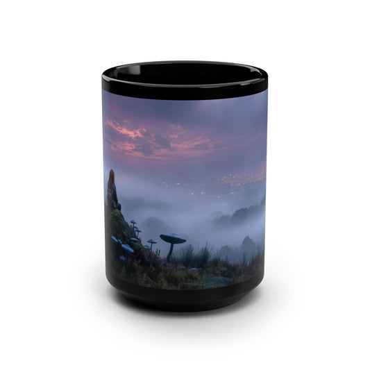 Red-Haired Wanderer Black Mug, 15oz – Twilight Hilltop Moonlit Escape