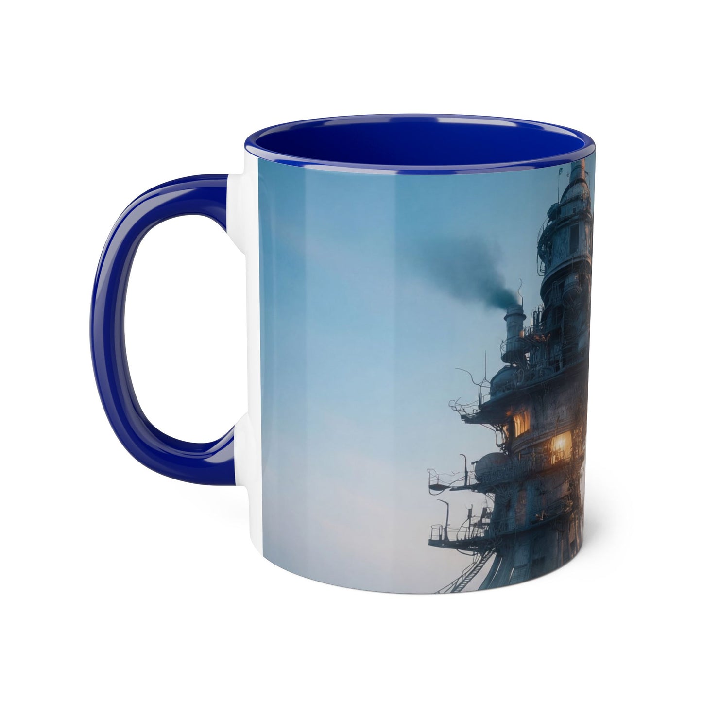Rusty Tower Accent Mugs, 11oz – Steam-Rising Industrial Lighthouse
