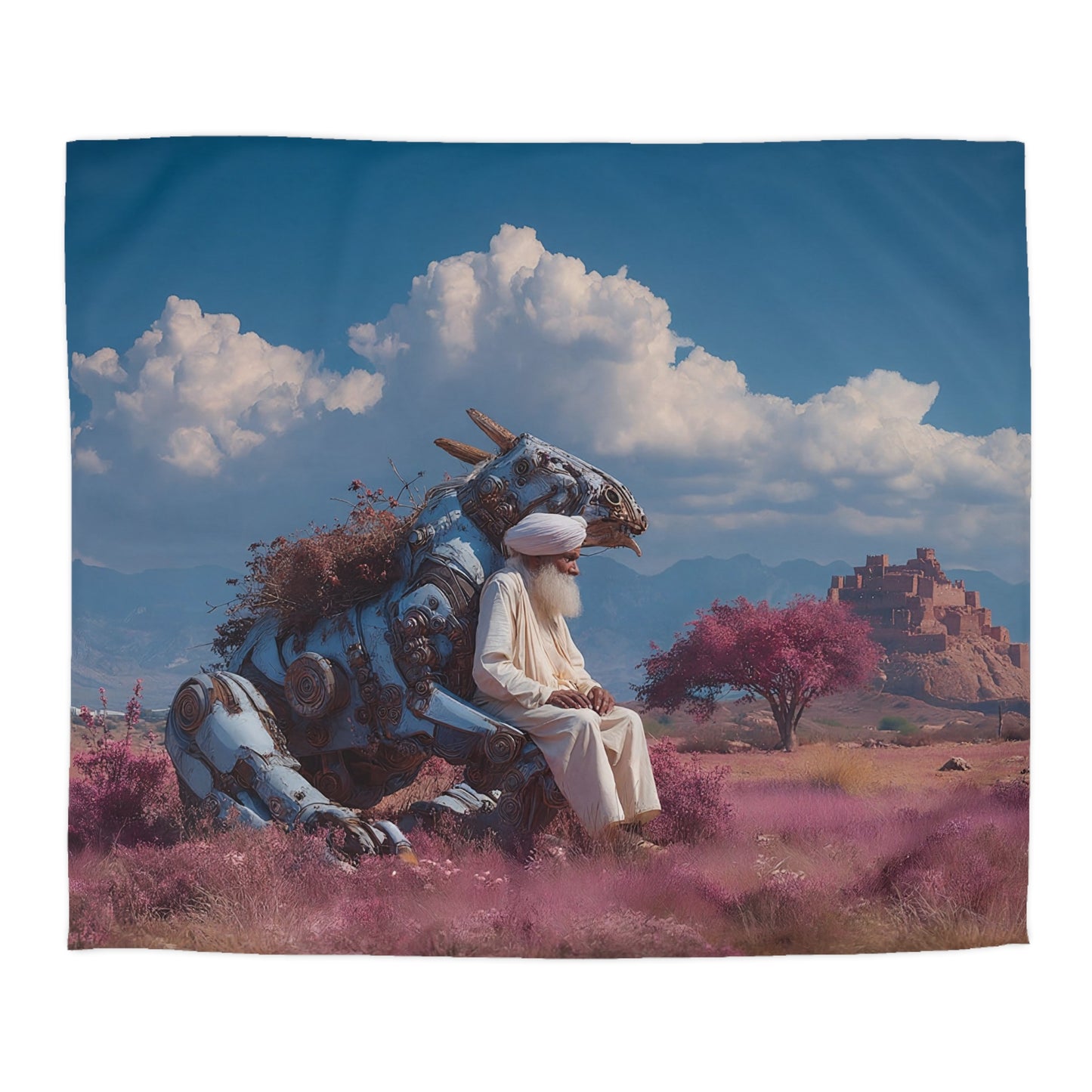 Sage on Mechanical Steed Duvet Cover – Sunset Over Forgotten Ruins