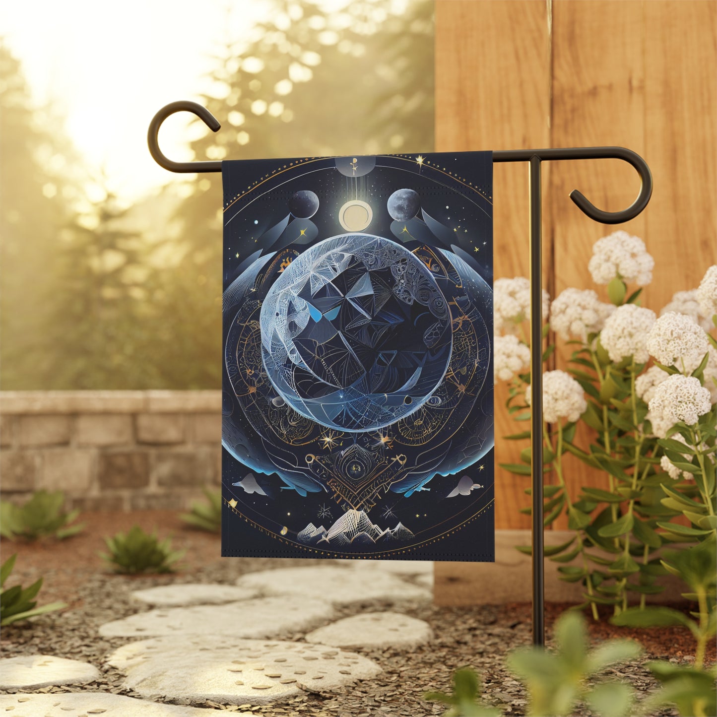 8K, high resolution detailed vector illustration poster, moon, celestial symbols, glowing accents - Garden & House Banner