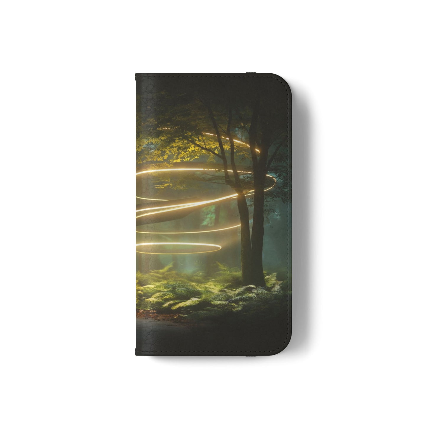 Luminous Spiral Forest Flip Cases – Golden Light Rings Mystery Scene