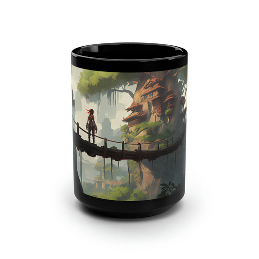 a dnd adventurer standing on a rope bridge between two giant trees among a treetop village in the forest - Mug, Black