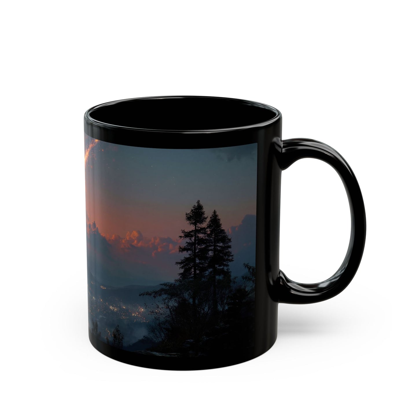 Celestial Fireball Black Mug – Twilight Skyfall Over Mountain Vale