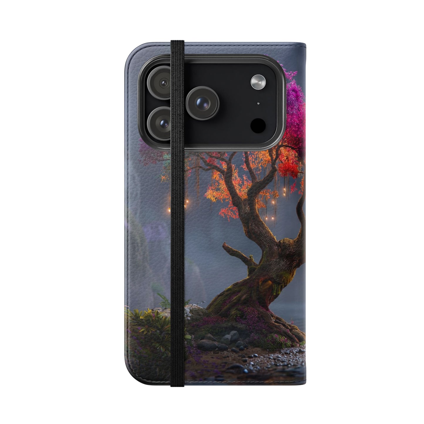 Chromatic Canopy Flip Cases – Rainbow Tree Moonlit Waterfall Scene