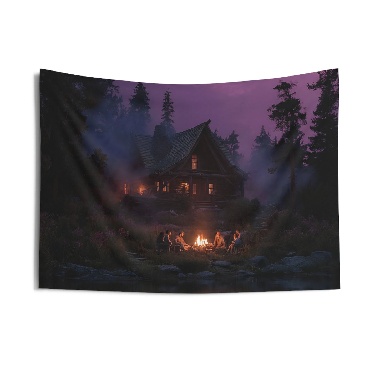 Whispering Pines Cabin Tapestry – Twilight Gathering by the River
