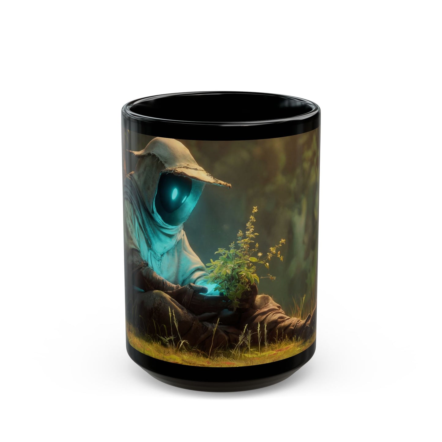 Forest Sentinel Black Mug – Glowing Eye Guardian in Twilight Grove