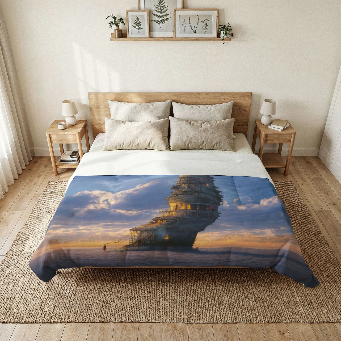 Twilight Lighthouse Cotton Comforter – Weathered Sentinels Over Deep Ocean
