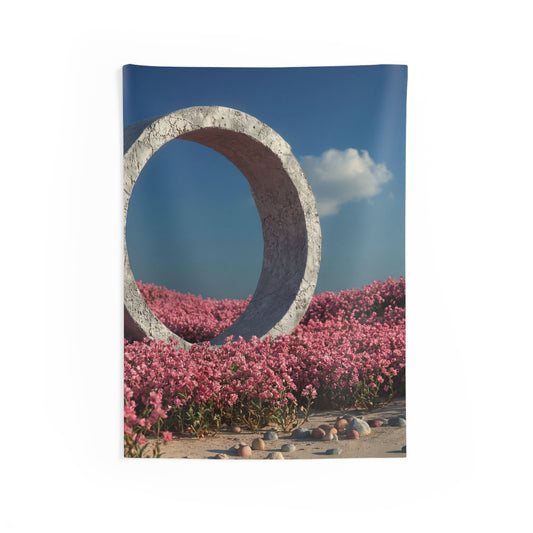 Stone Circle in Pink Bloom Field – Ethereal Gateway Wall Tapestry