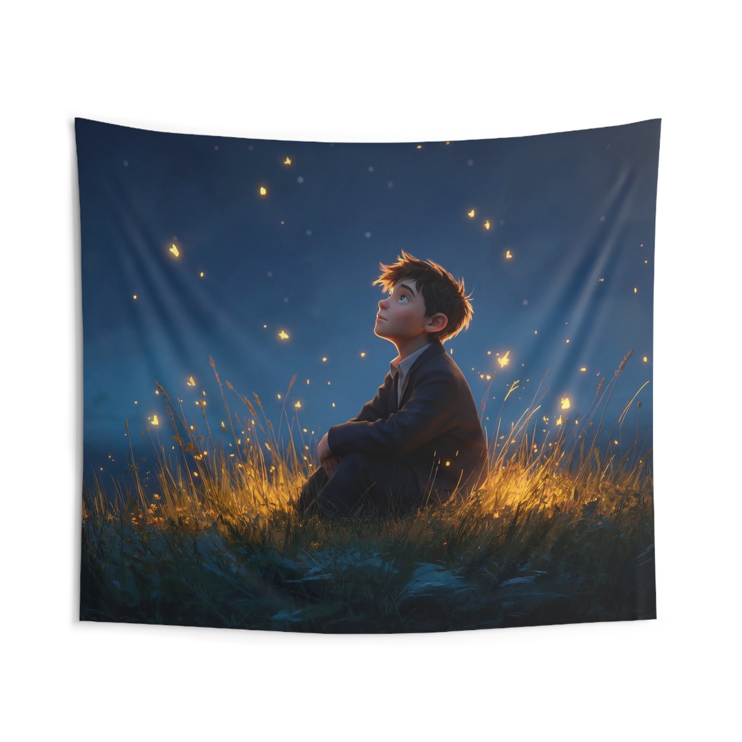 Boy Among Fireflies Indoor Wall Tapestries – Twilight Wonderlandscape