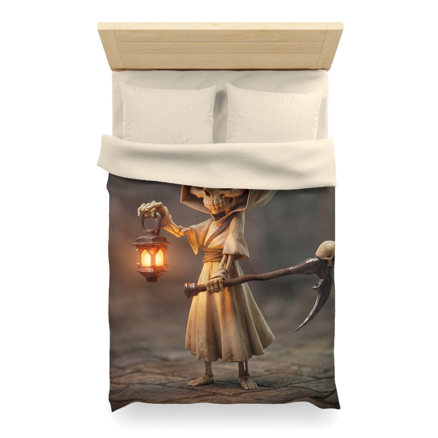 Lantern-Bearing Reaper Microfiber Duvet Cover – Warm Light Through the Veil