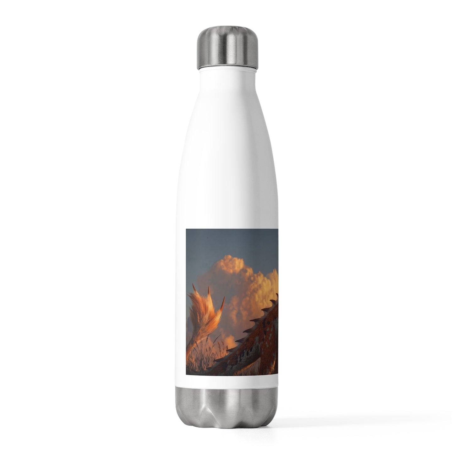 Sunset Sentinel Dragon 20oz Insulated Bottle – Warm Amber Glow Against Clouds