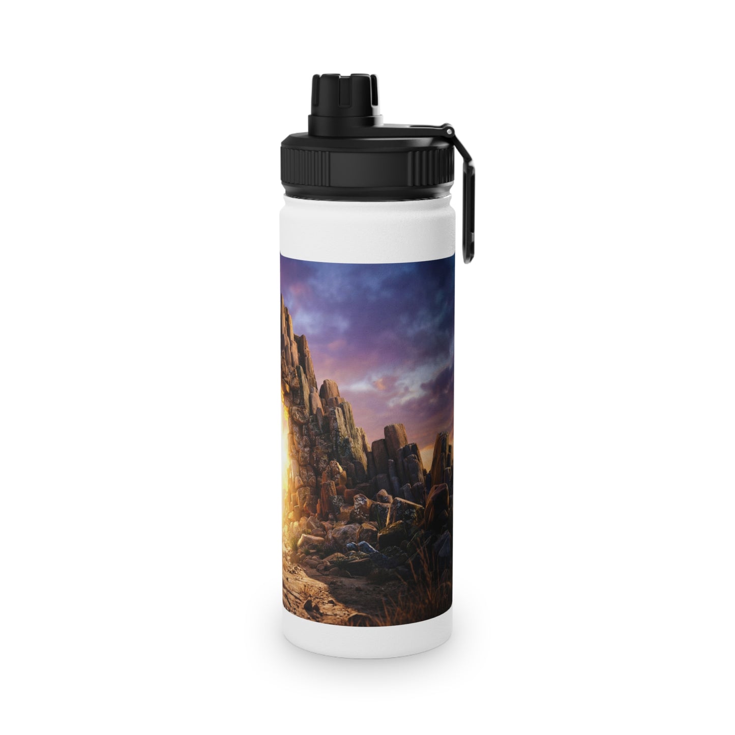 Celestial Portal Stainless Steel Water Bottle, Sports Lid – Sunlit Stone Gateway
